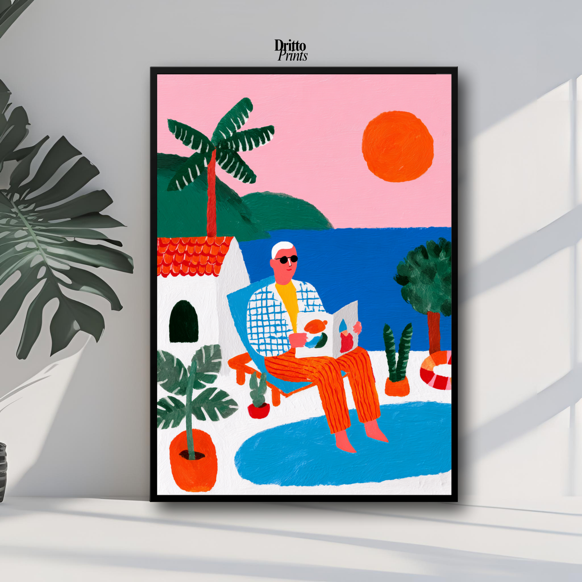 (FD37) Morning Glow by the Pool – 1980s Villa Scene Framed matte paper poster