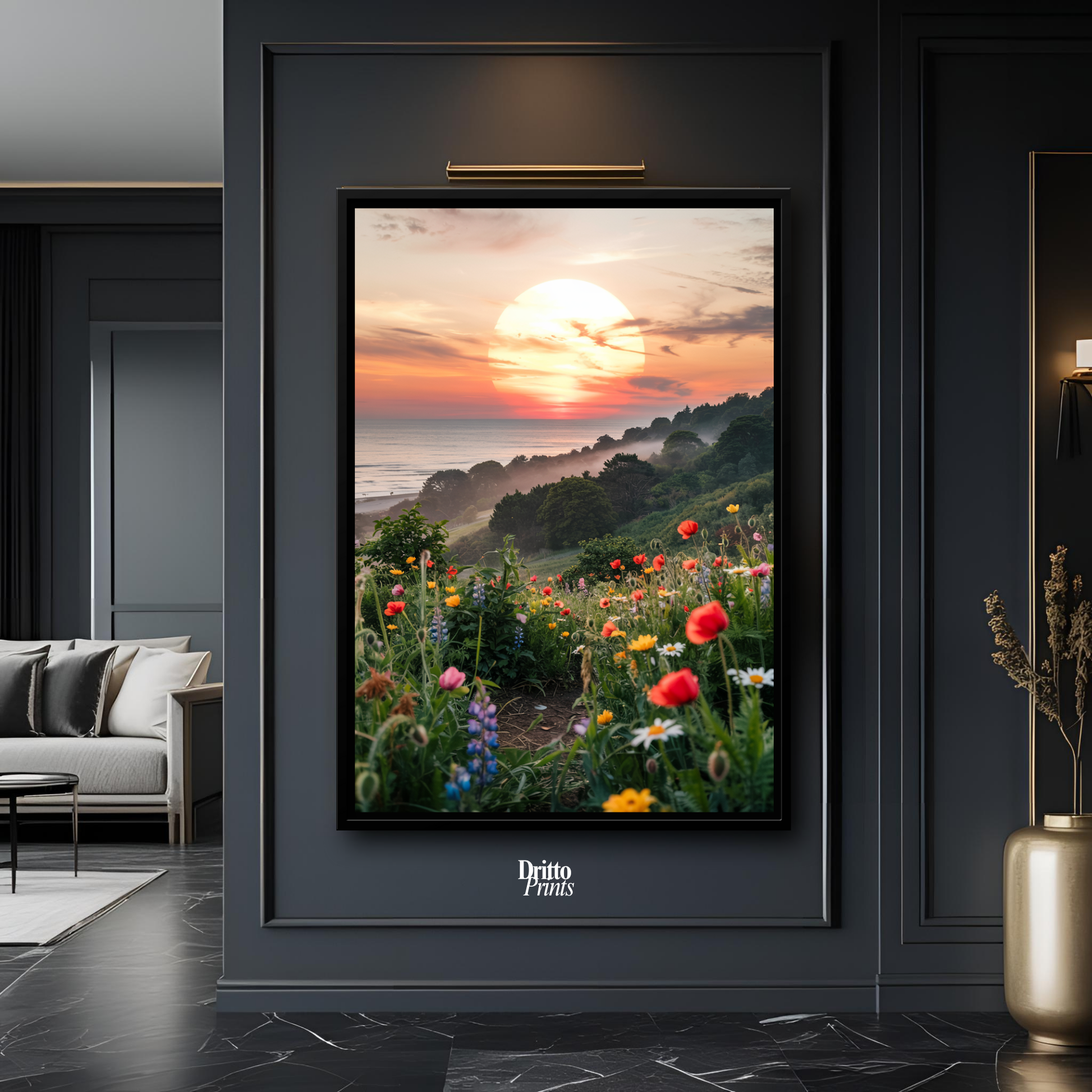 (CF5) Mystical Sunrise Over Hillside - Framed canvas
