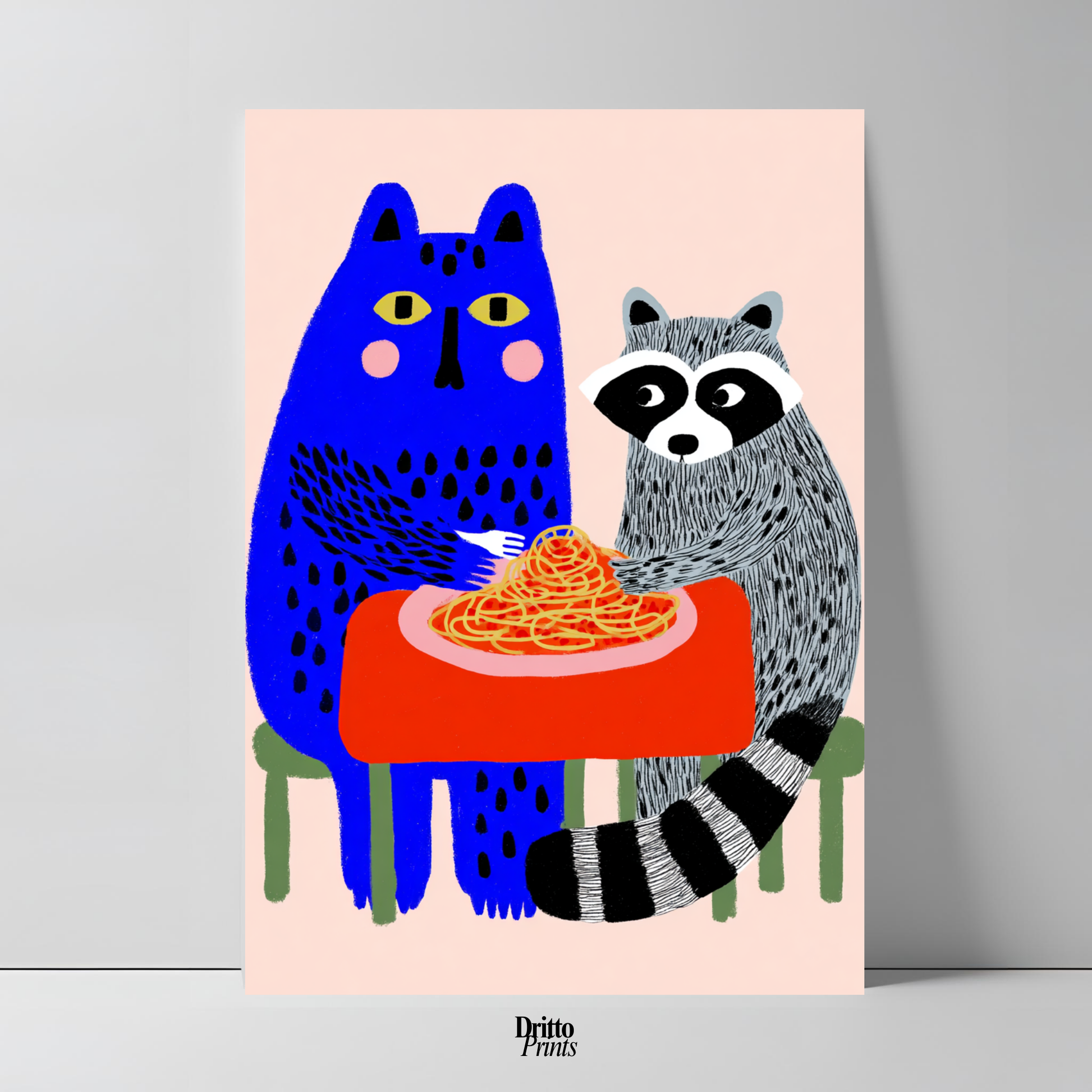 (PD44) Cat & Raccoon Dining Spaghetti - Poster