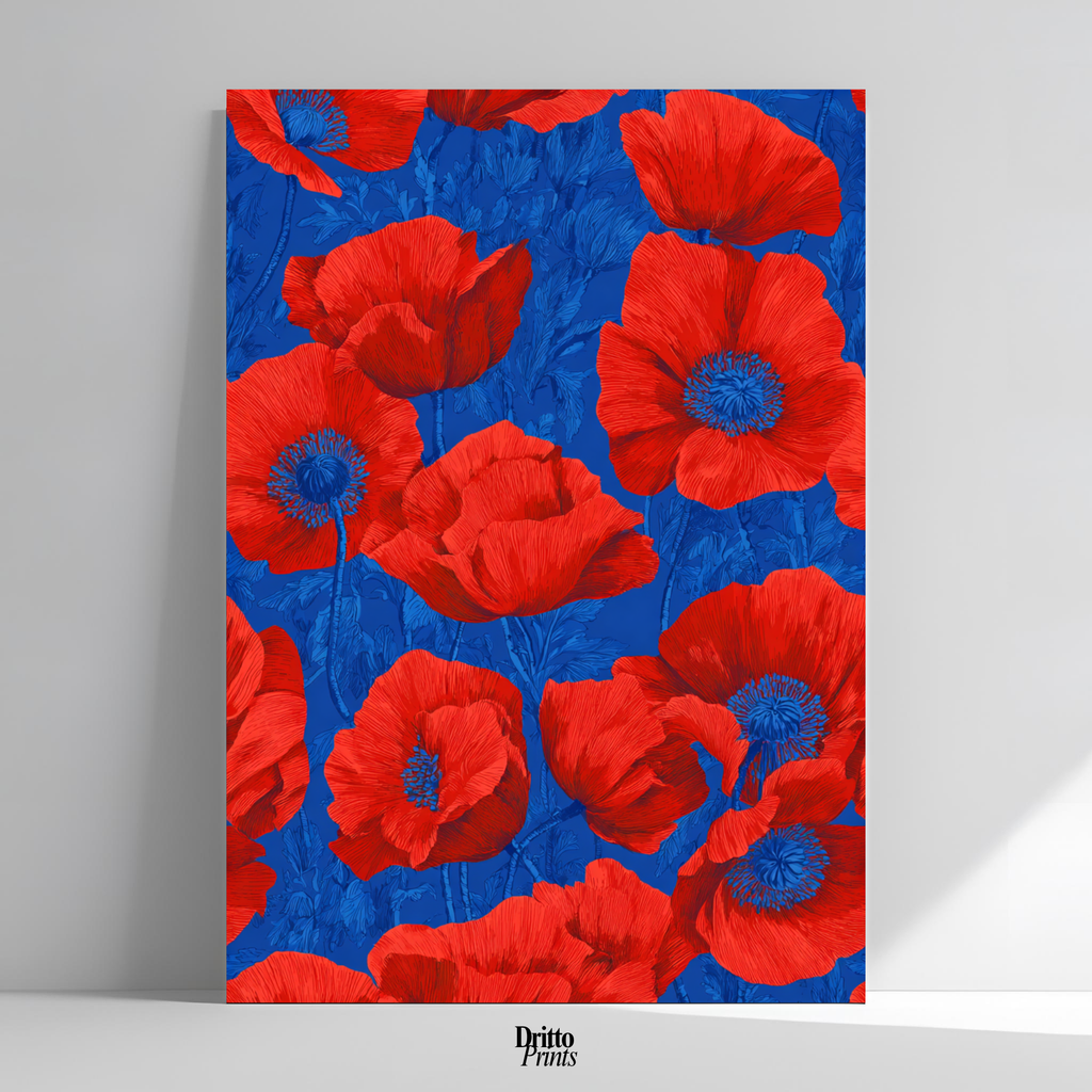 (CD9) Deco Bloom – Red Poppies on Blue Canvas