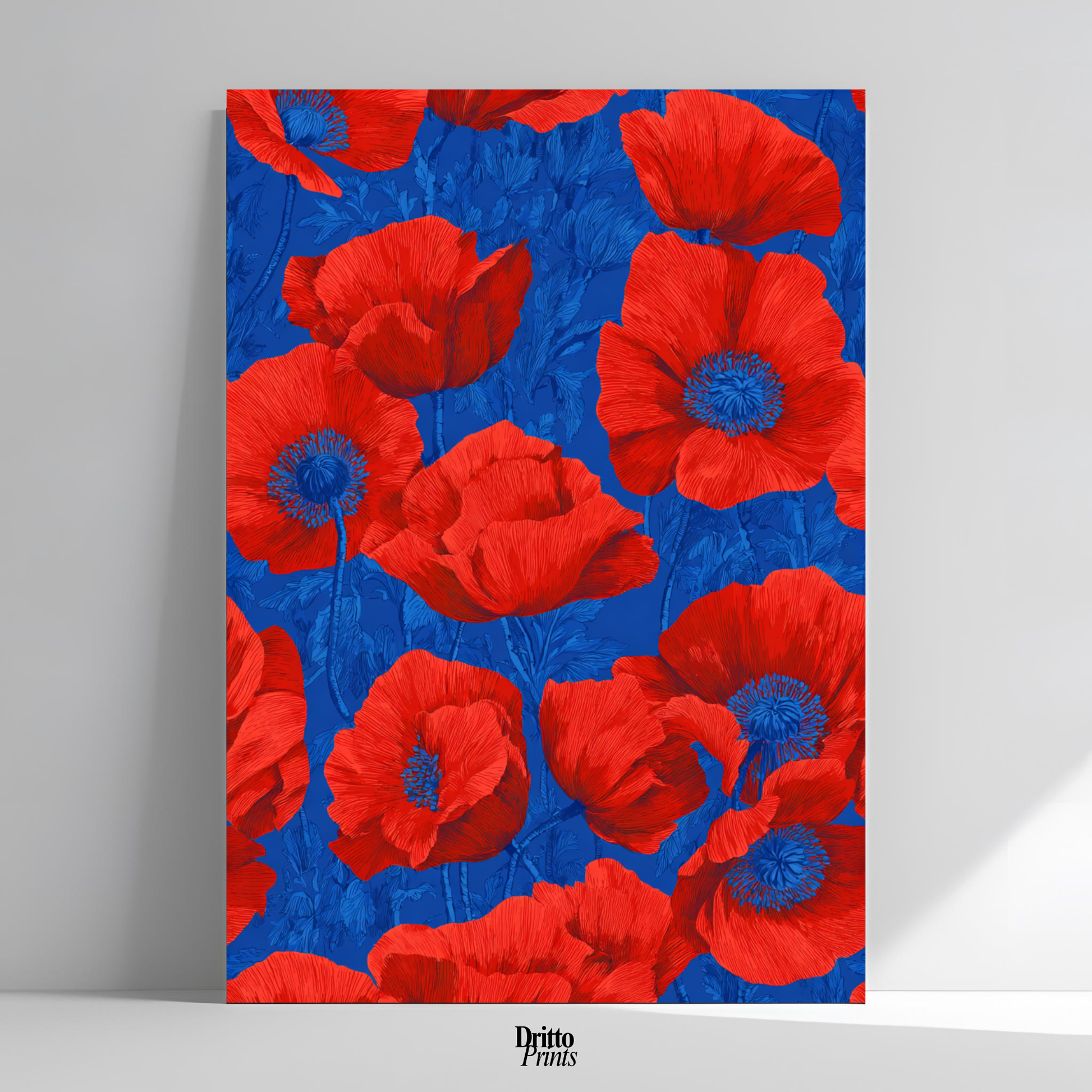 (CD9) Deco Bloom – Red Poppies on Blue Canvas