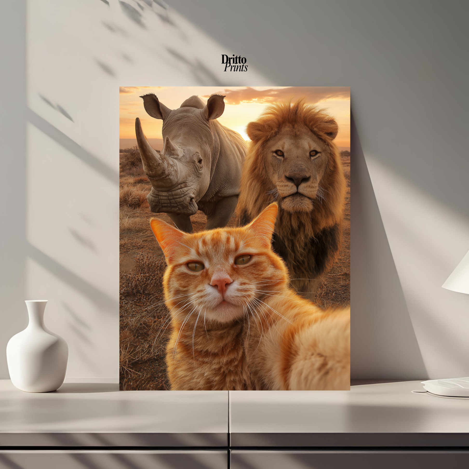 (PD26) Savannah Selfie: Tabby Cat, Lion & Rhino at Sunset Poster