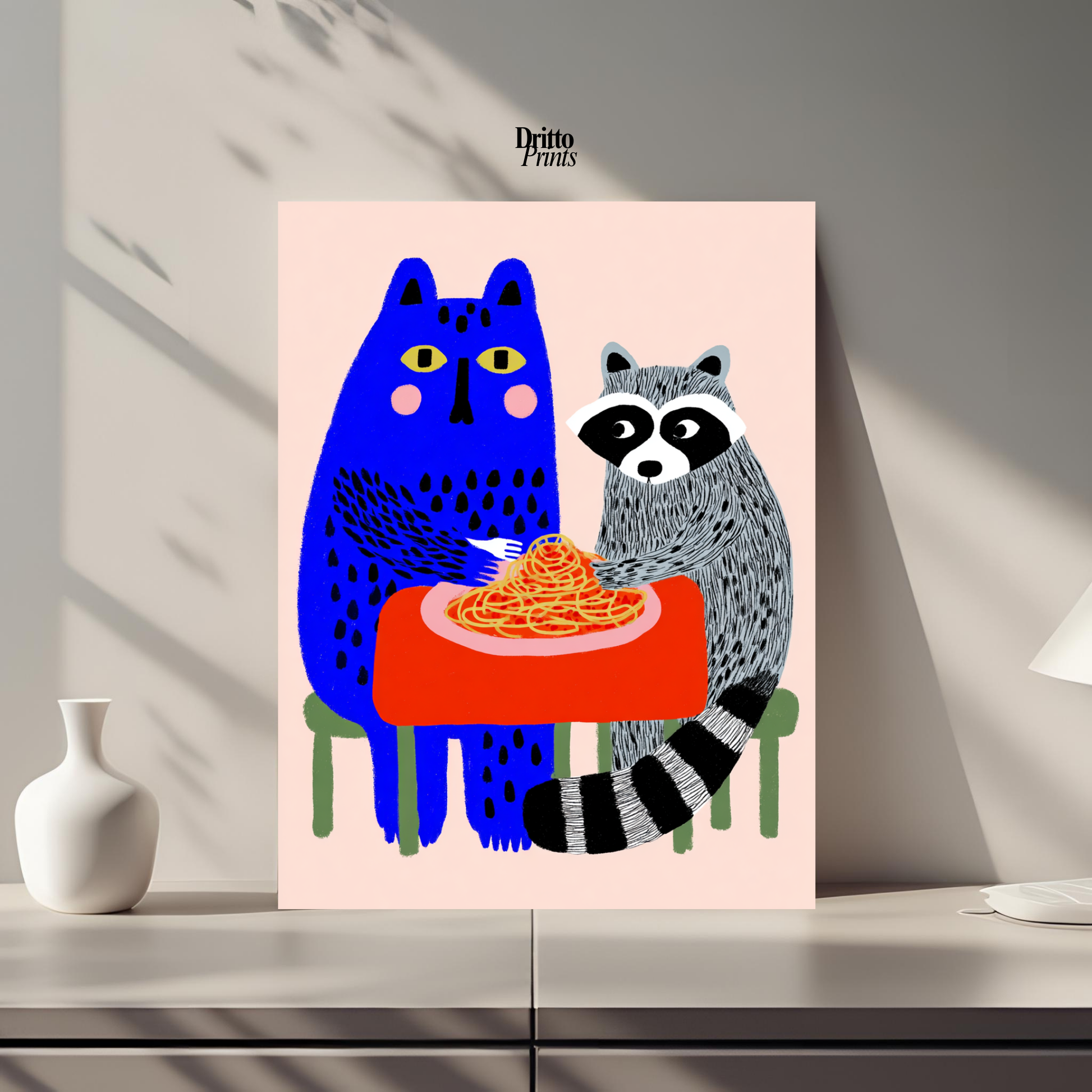 (PD44) Cat & Raccoon Dining Spaghetti - Poster