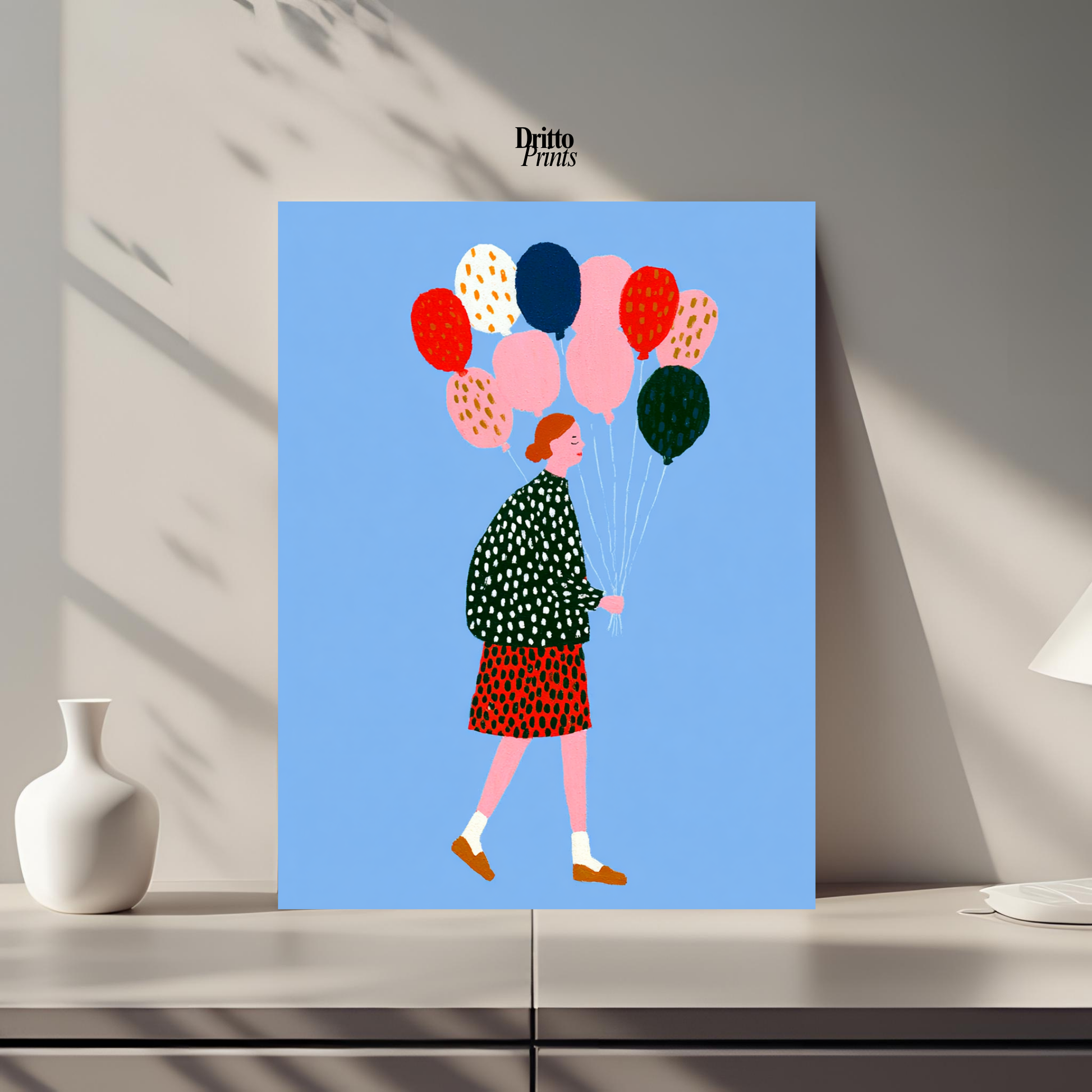 (PD35) Bright Skies – Girl with Colorful Balloons Poster