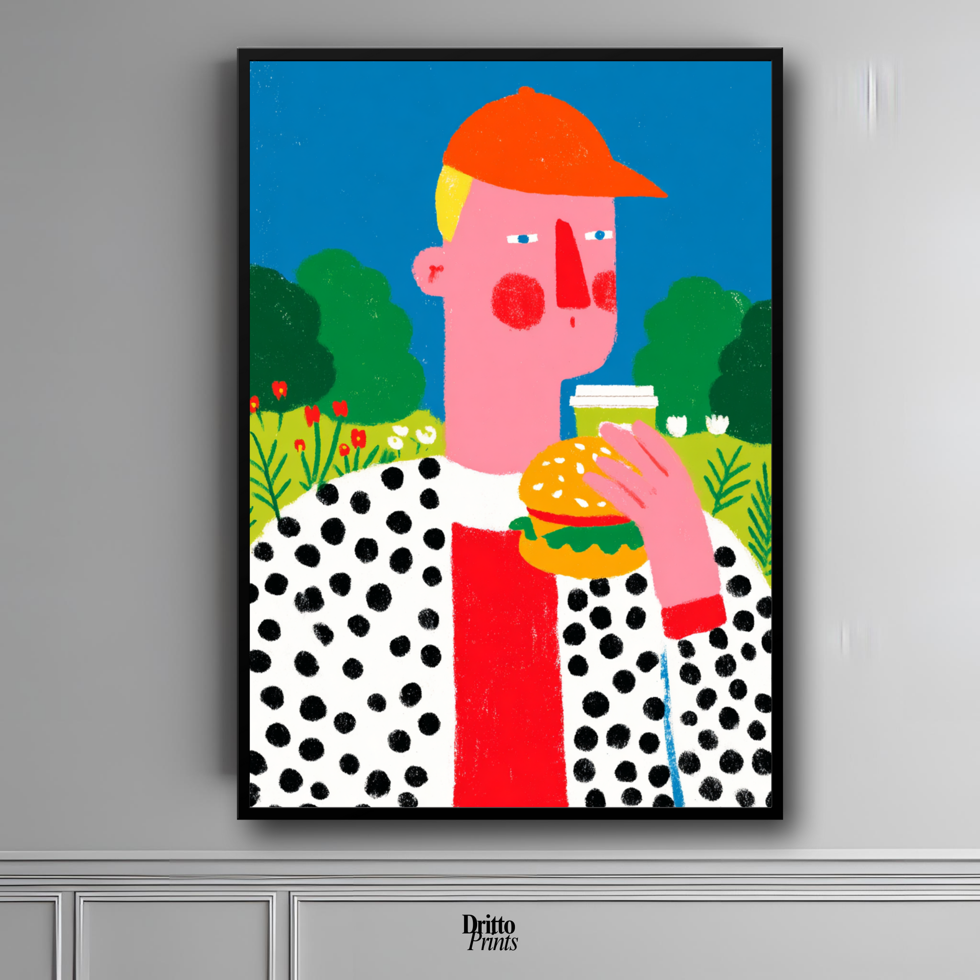 (FD45) Man Eating Burger in the Field –Framed matte paper poster