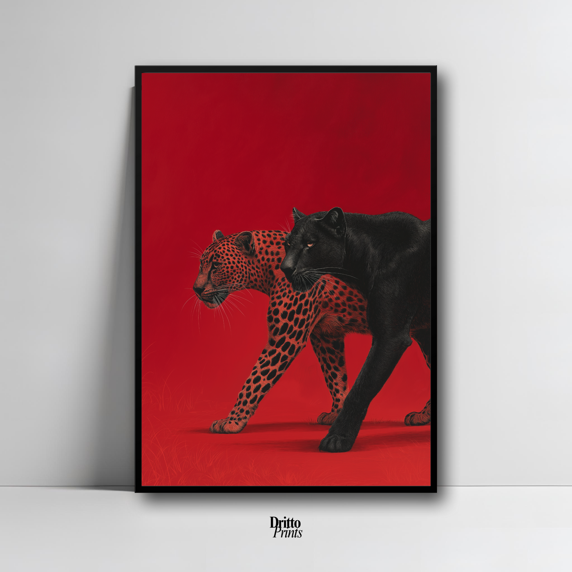 (FD32) Wild Pair – Black Panther & Cheetah Silhouette on Red Framed matte paper poster