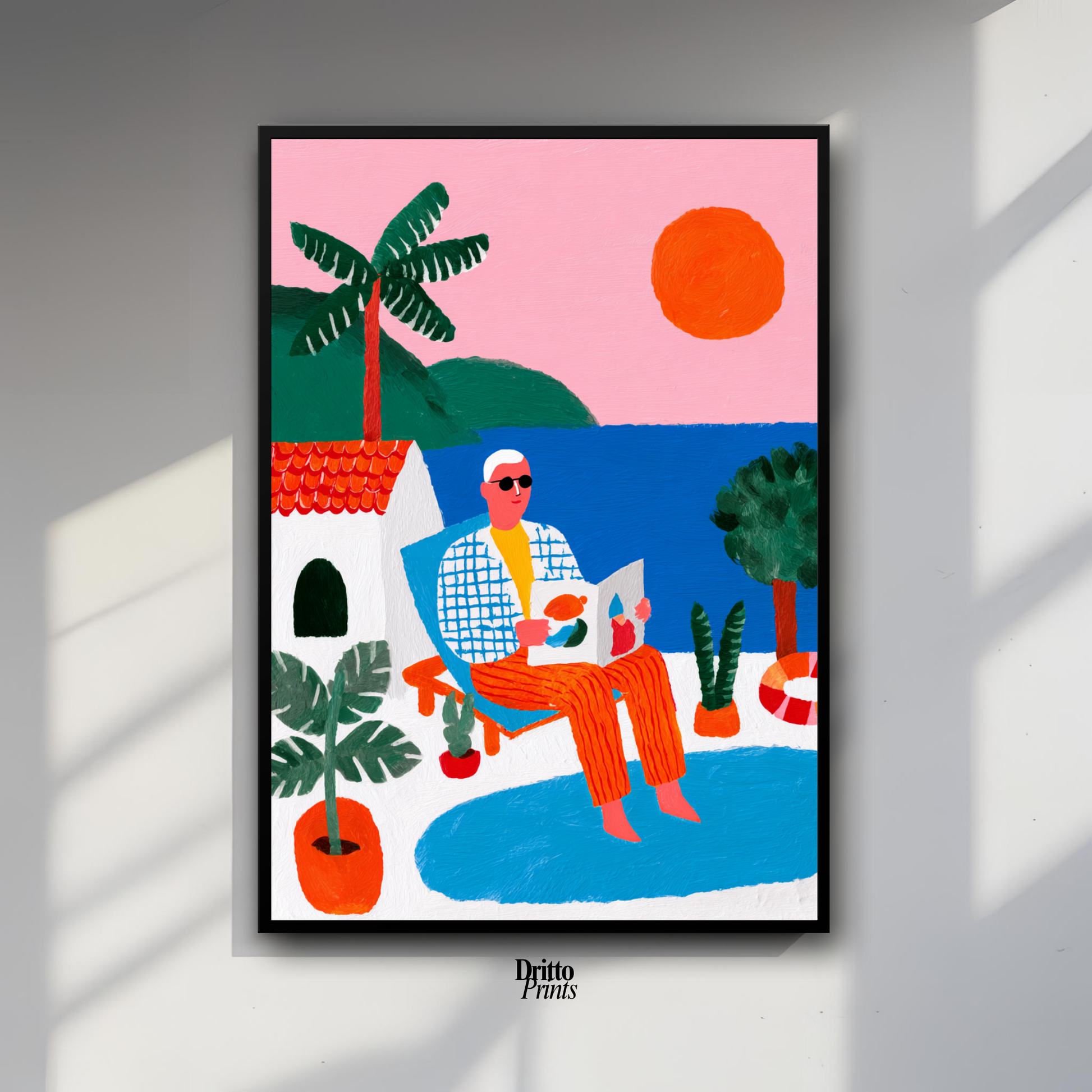 (FD37) Morning Glow by the Pool – 1980s Villa Scene Framed matte paper poster