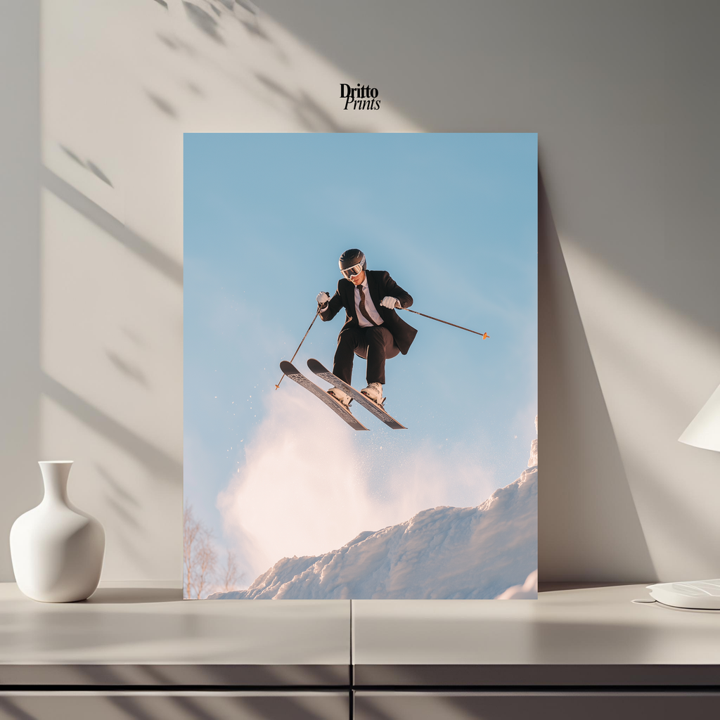 (PD27) Executive Takeoff – Skier in Suit Mid-Jump Poster