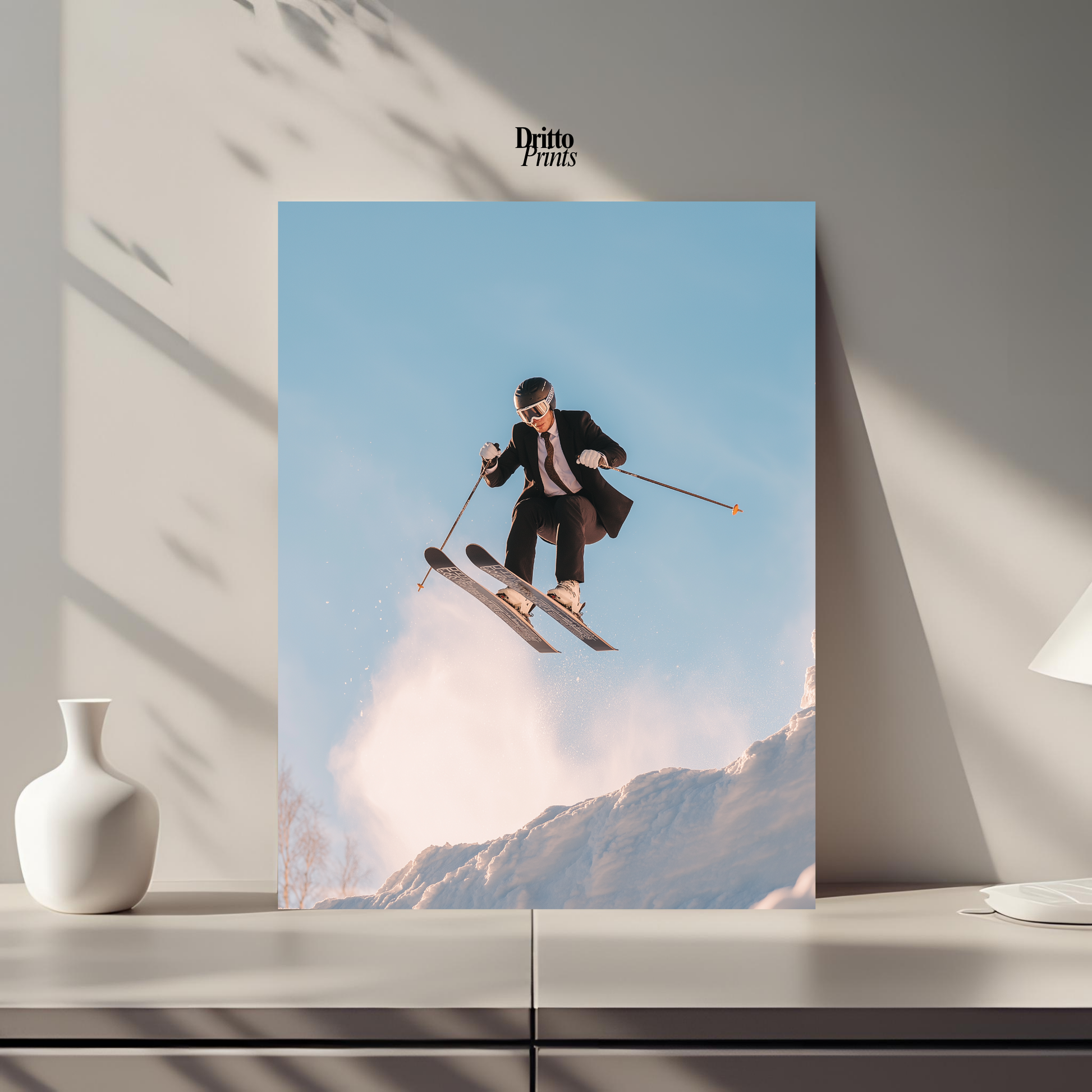 (PD27) Executive Takeoff – Skier in Suit Mid-Jump Poster