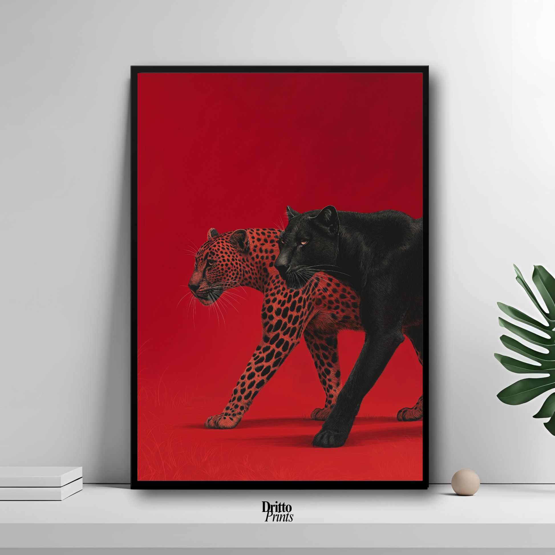 (FD32) Wild Pair – Black Panther & Cheetah Silhouette on Red Framed matte paper poster