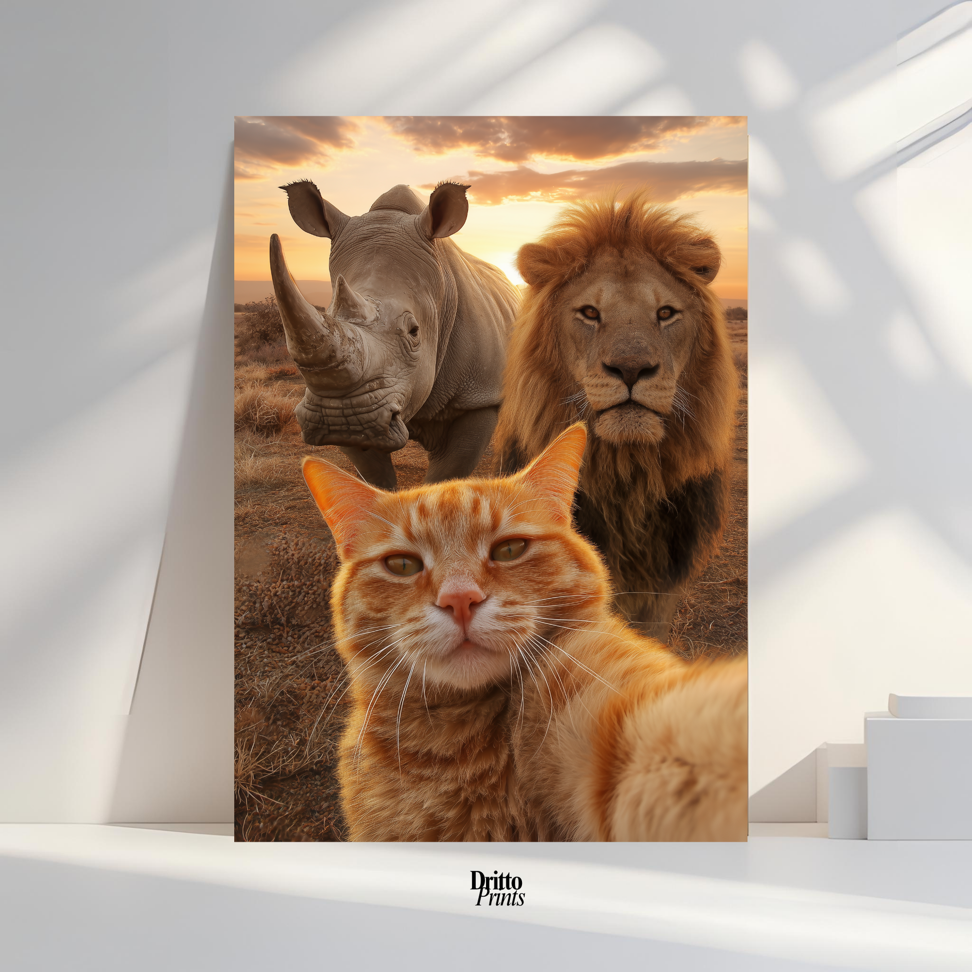 (PD26) Savannah Selfie: Tabby Cat, Lion & Rhino at Sunset Poster