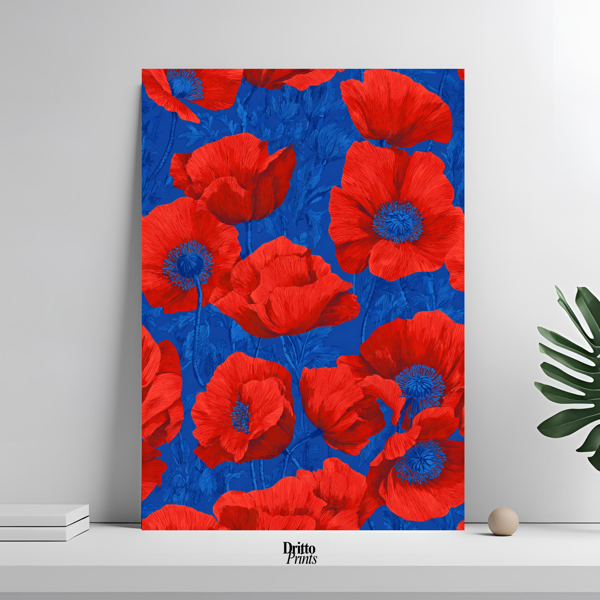 (CD9) Deco Bloom – Red Poppies on Blue Canvas