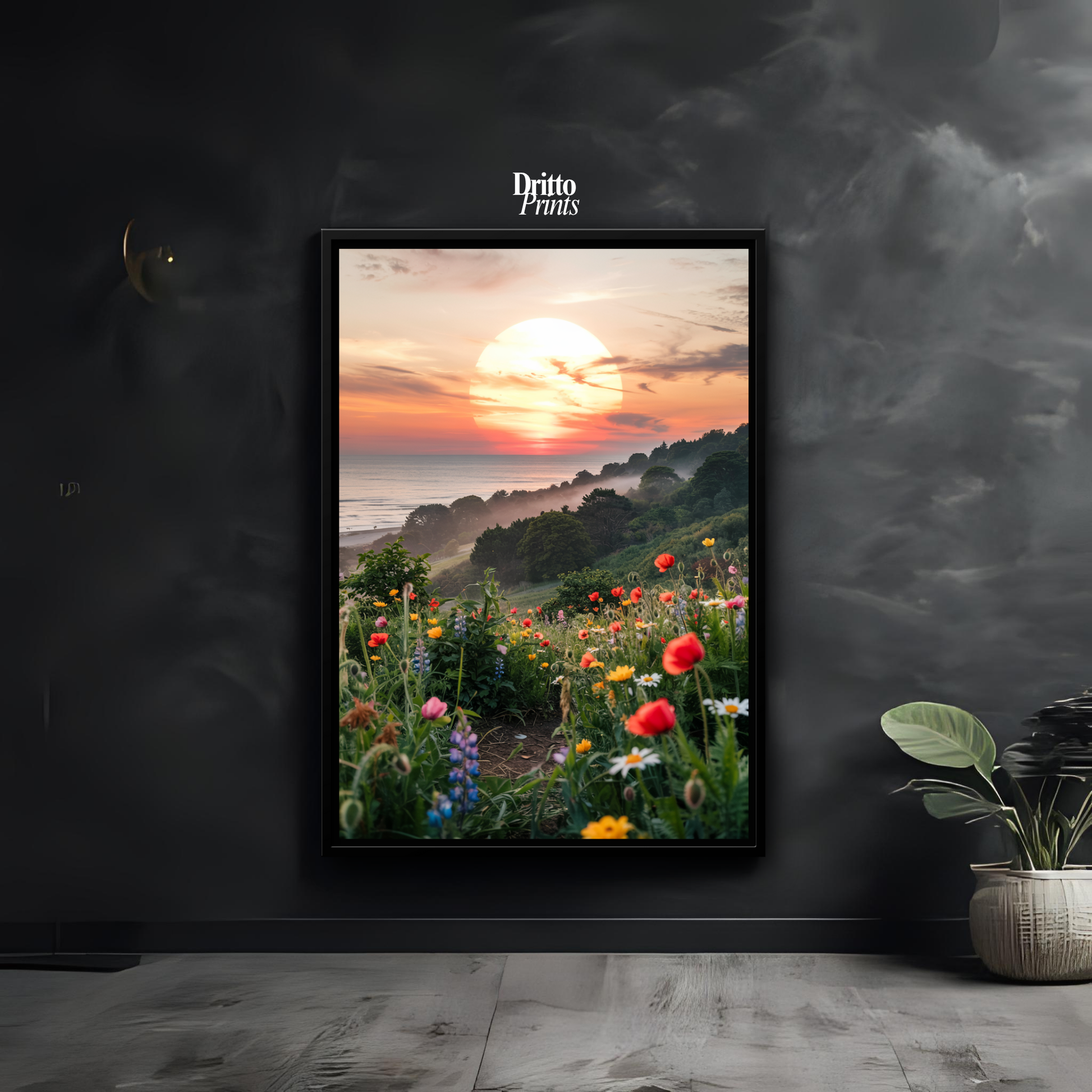 (CF5) Mystical Sunrise Over Hillside - Framed canvas
