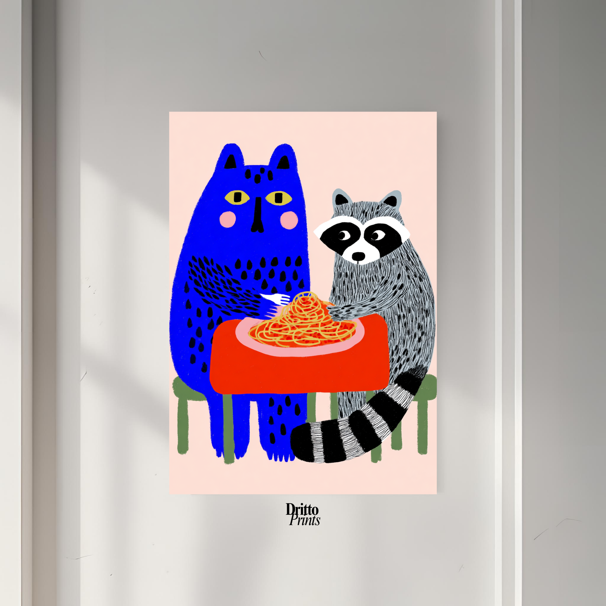 (PD44) Cat & Raccoon Dining Spaghetti - Poster