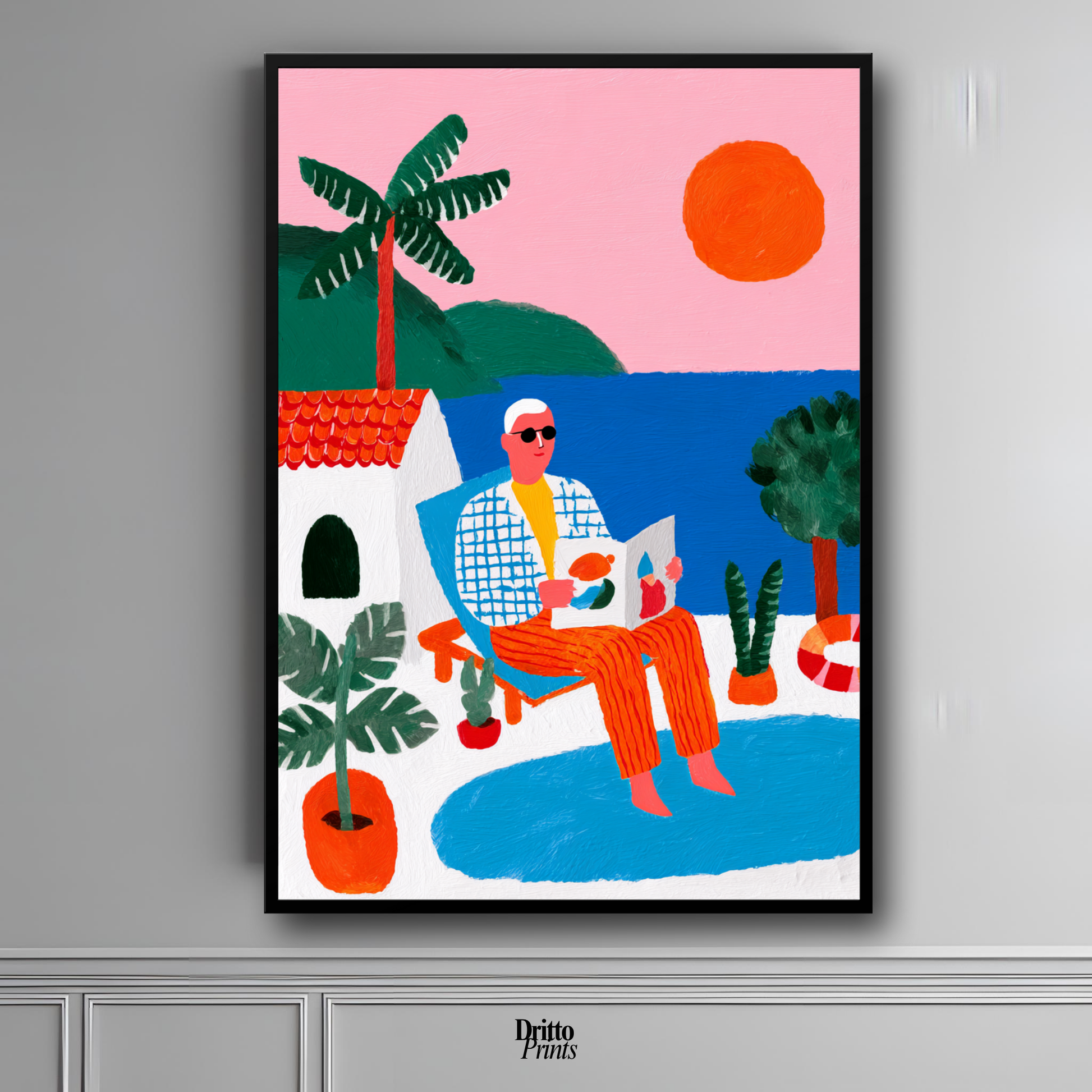 (FD37) Morning Glow by the Pool – 1980s Villa Scene Framed matte paper poster
