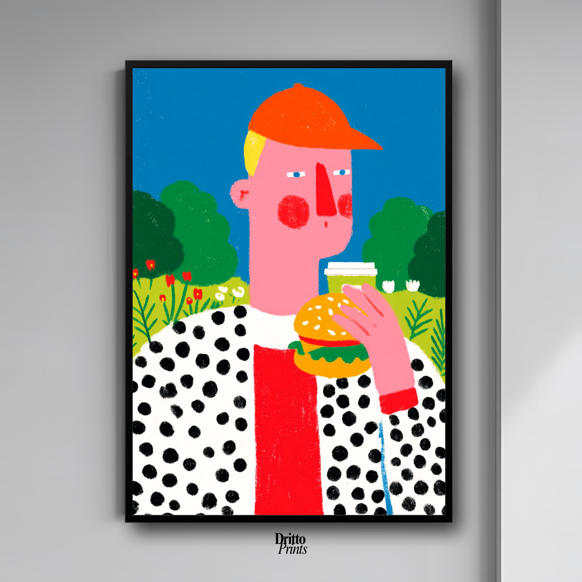 (FD45) Man Eating Burger in the Field –Framed matte paper poster