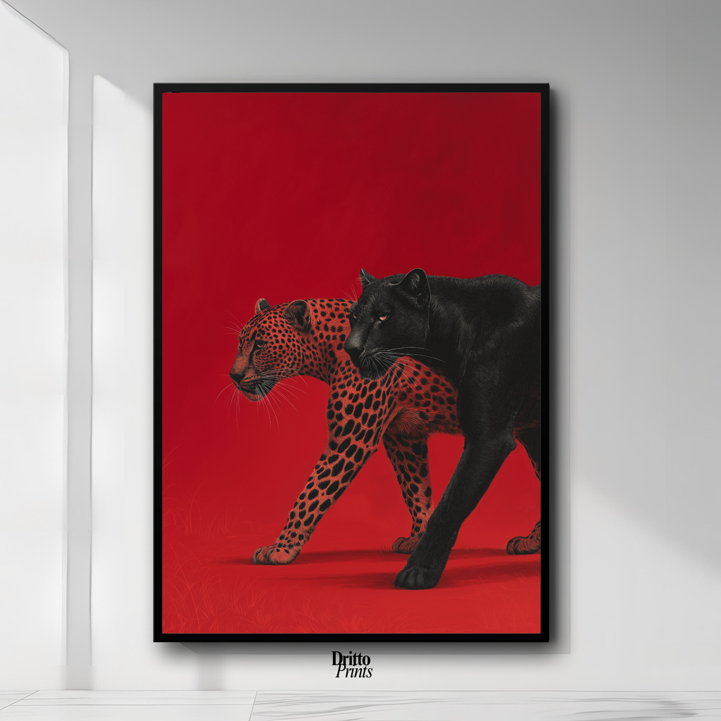 (FD32) Wild Pair – Black Panther & Cheetah Silhouette on Red Framed matte paper poster