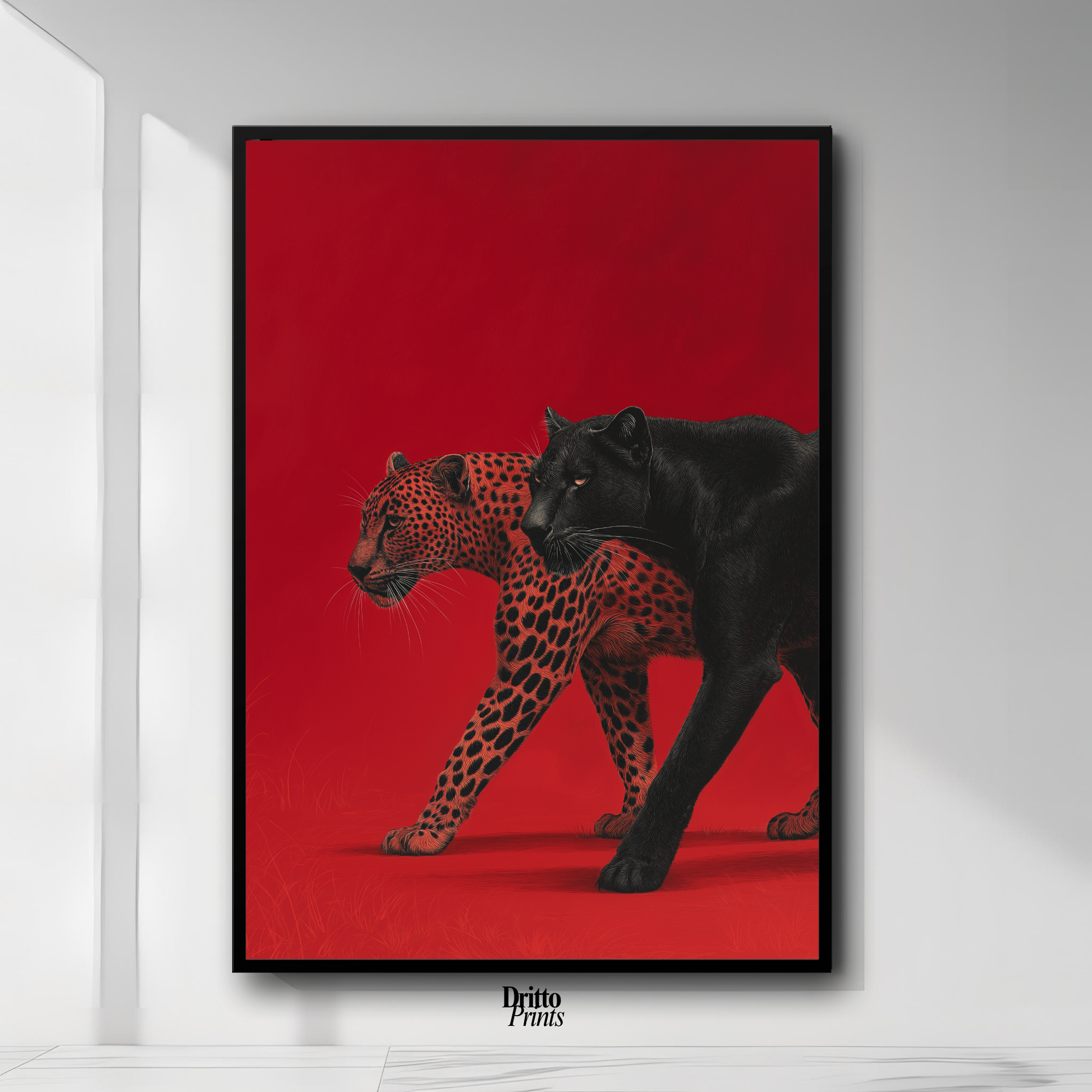 (FD32) Wild Pair – Black Panther & Cheetah Silhouette on Red Framed matte paper poster