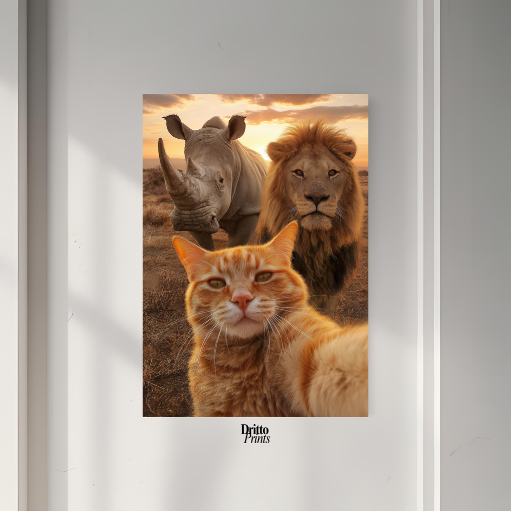 (PD26) Savannah Selfie: Tabby Cat, Lion & Rhino at Sunset Poster