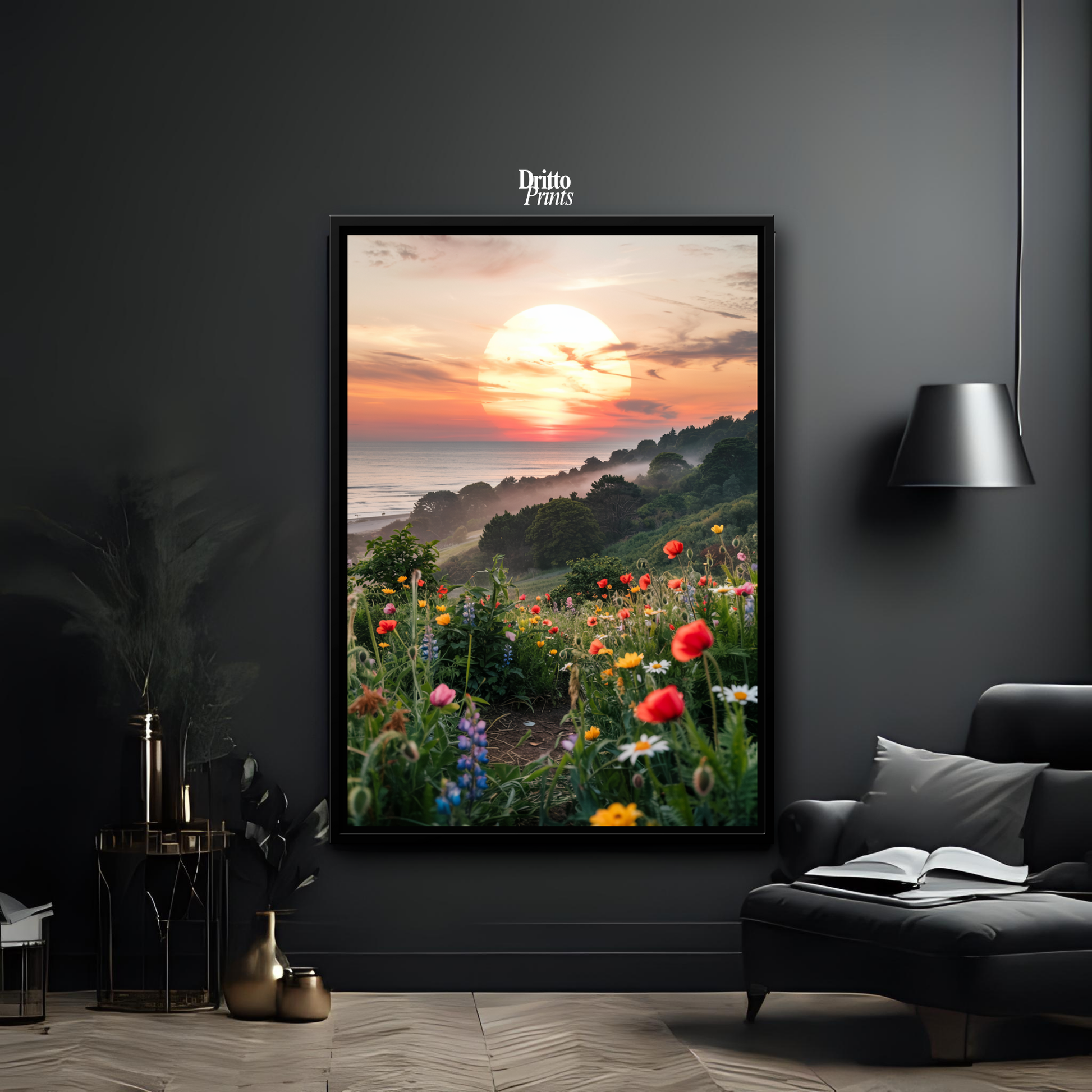 (CF5) Mystical Sunrise Over Hillside - Framed canvas