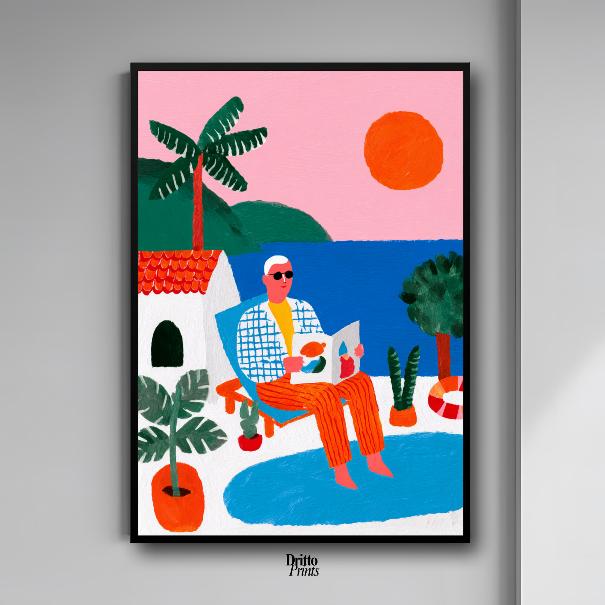 (FD37) Morning Glow by the Pool – 1980s Villa Scene Framed matte paper poster