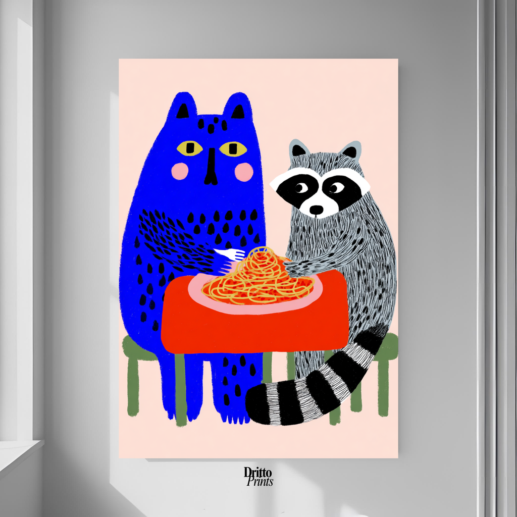 (PD44) Cat & Raccoon Dining Spaghetti - Poster