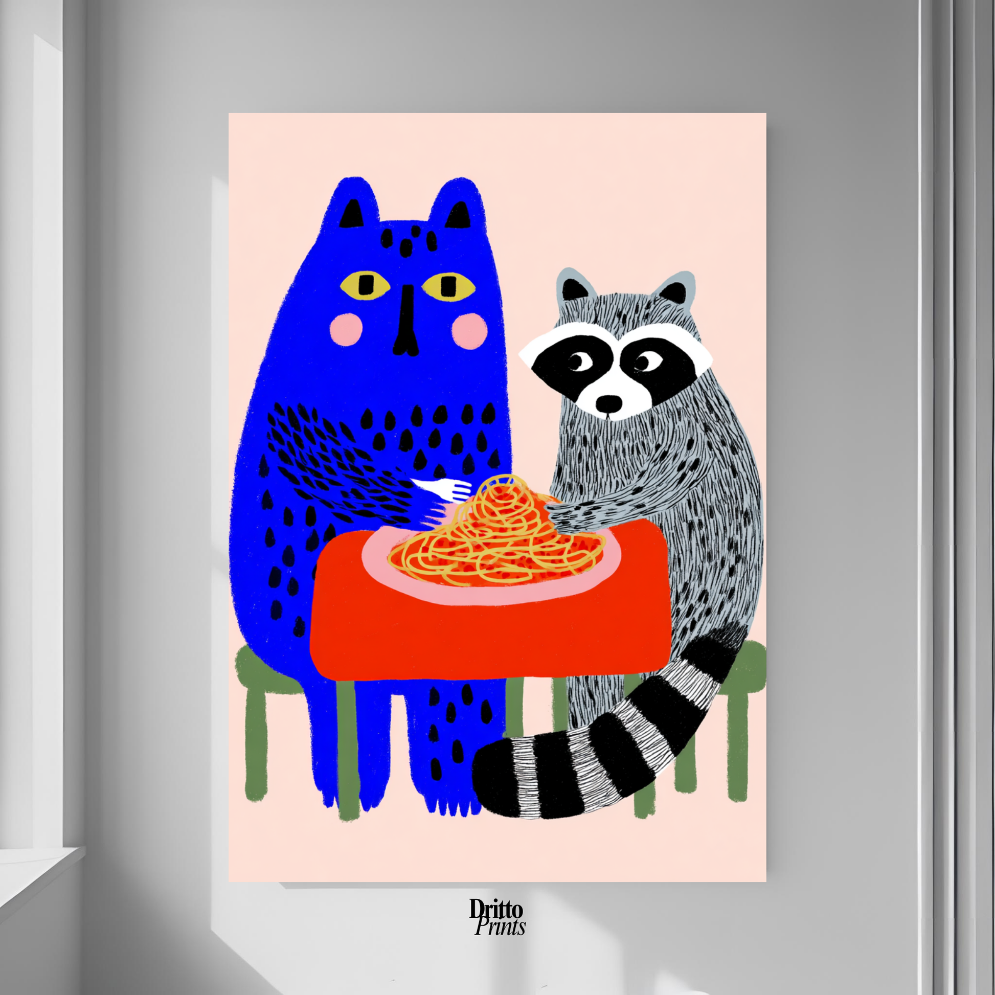 (PD44) Cat & Raccoon Dining Spaghetti - Poster