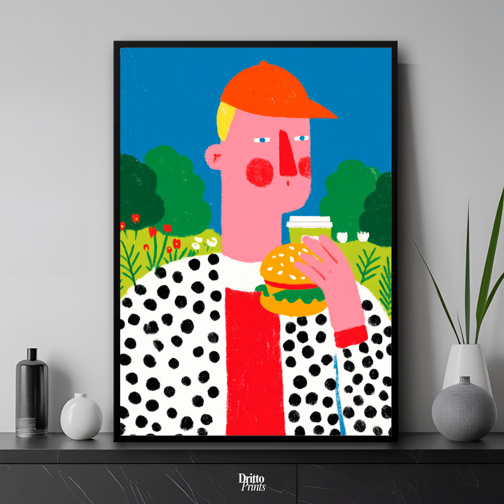 (FD45) Man Eating Burger in the Field –Framed matte paper poster