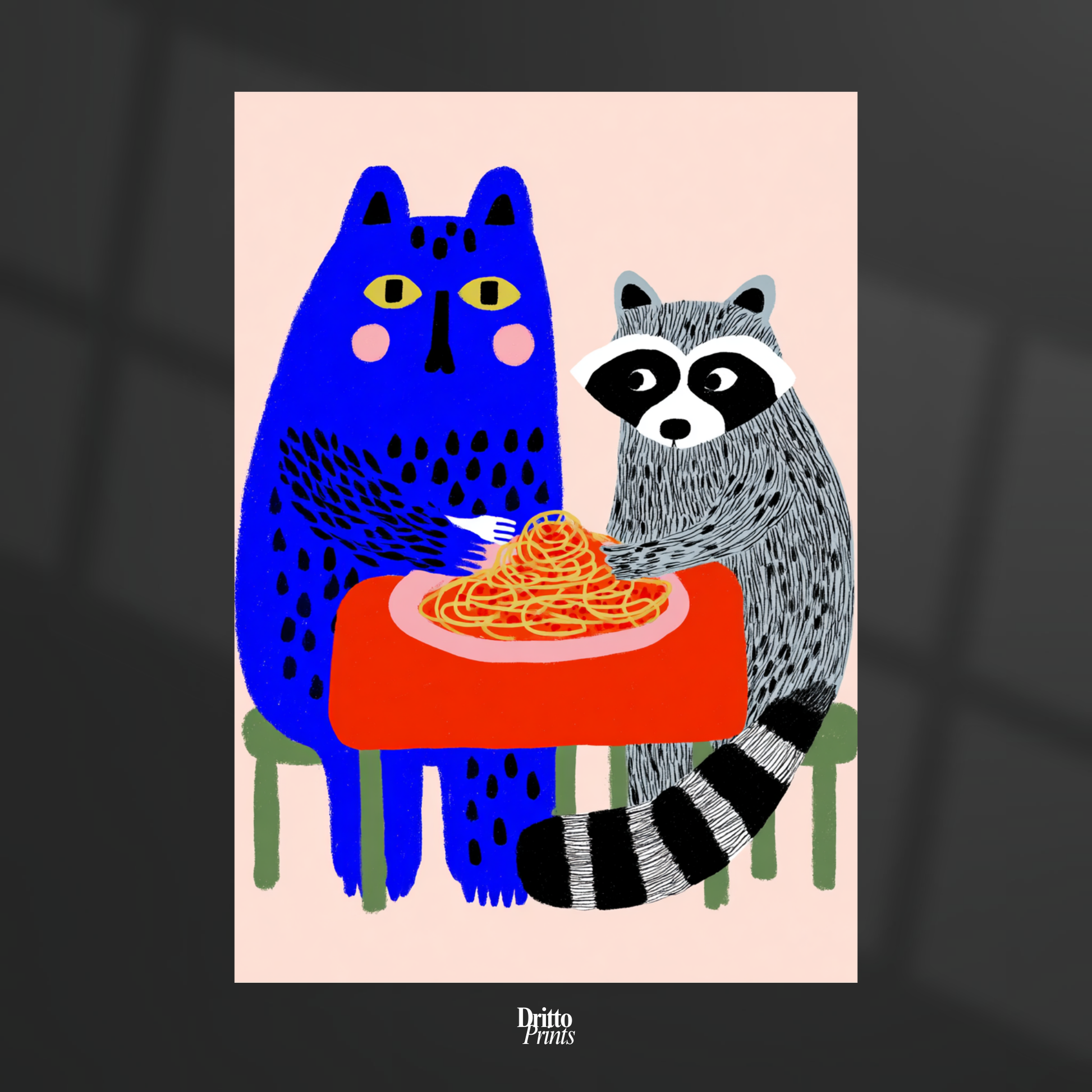 (PD44) Cat & Raccoon Dining Spaghetti - Poster
