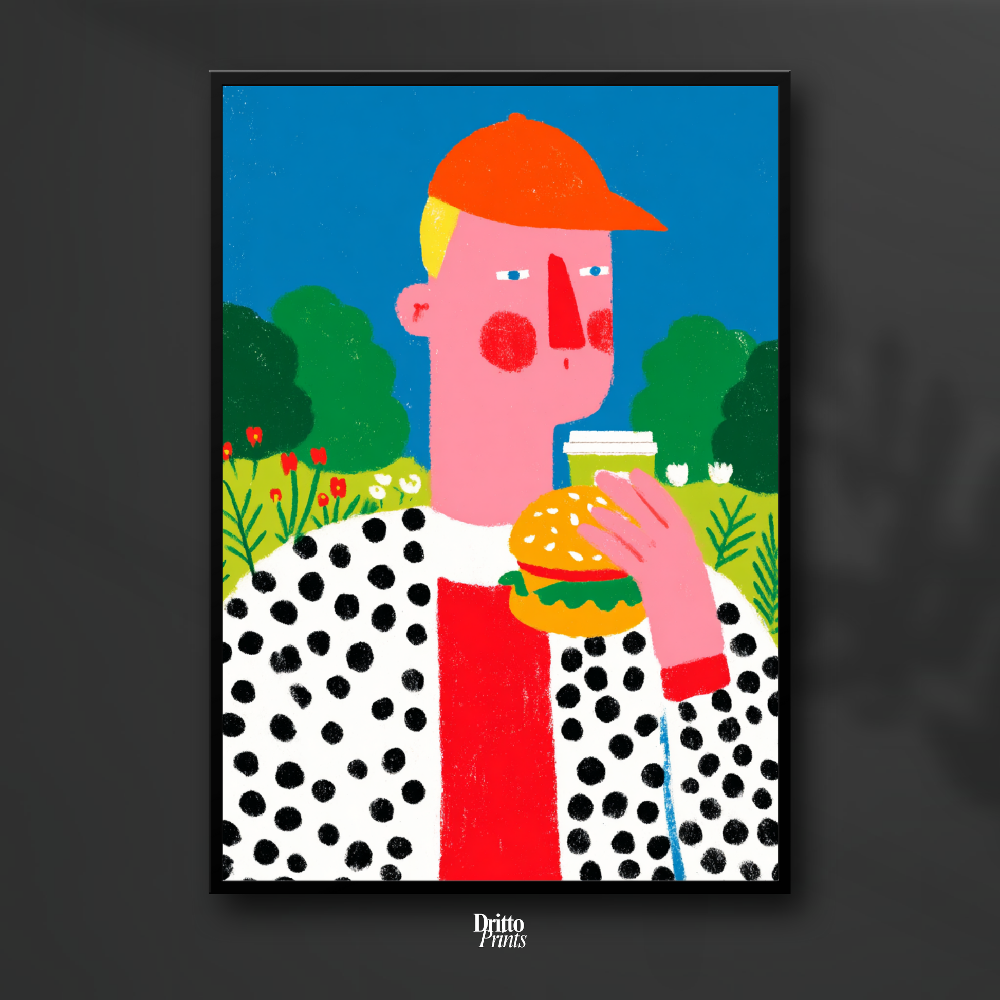 (FD45) Man Eating Burger in the Field –Framed matte paper poster