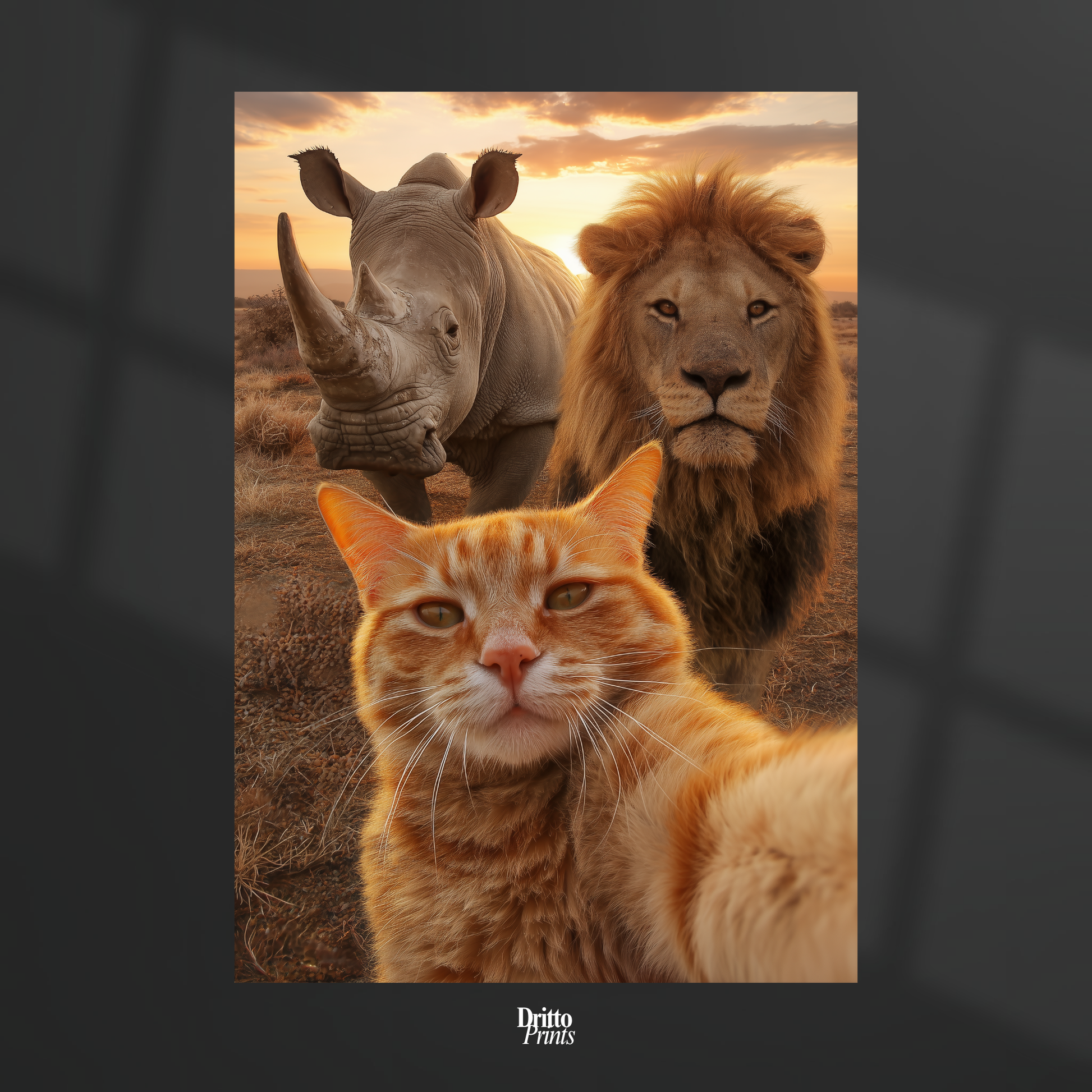 (PD26) Savannah Selfie: Tabby Cat, Lion & Rhino at Sunset Poster
