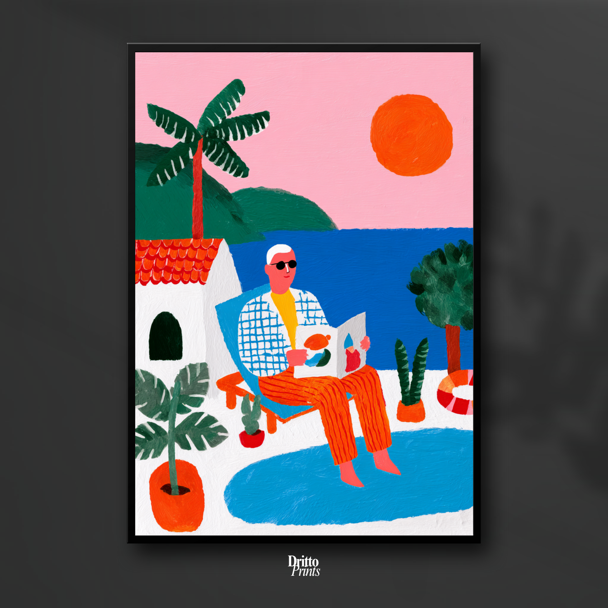 (FD37) Morning Glow by the Pool – 1980s Villa Scene Framed matte paper poster
