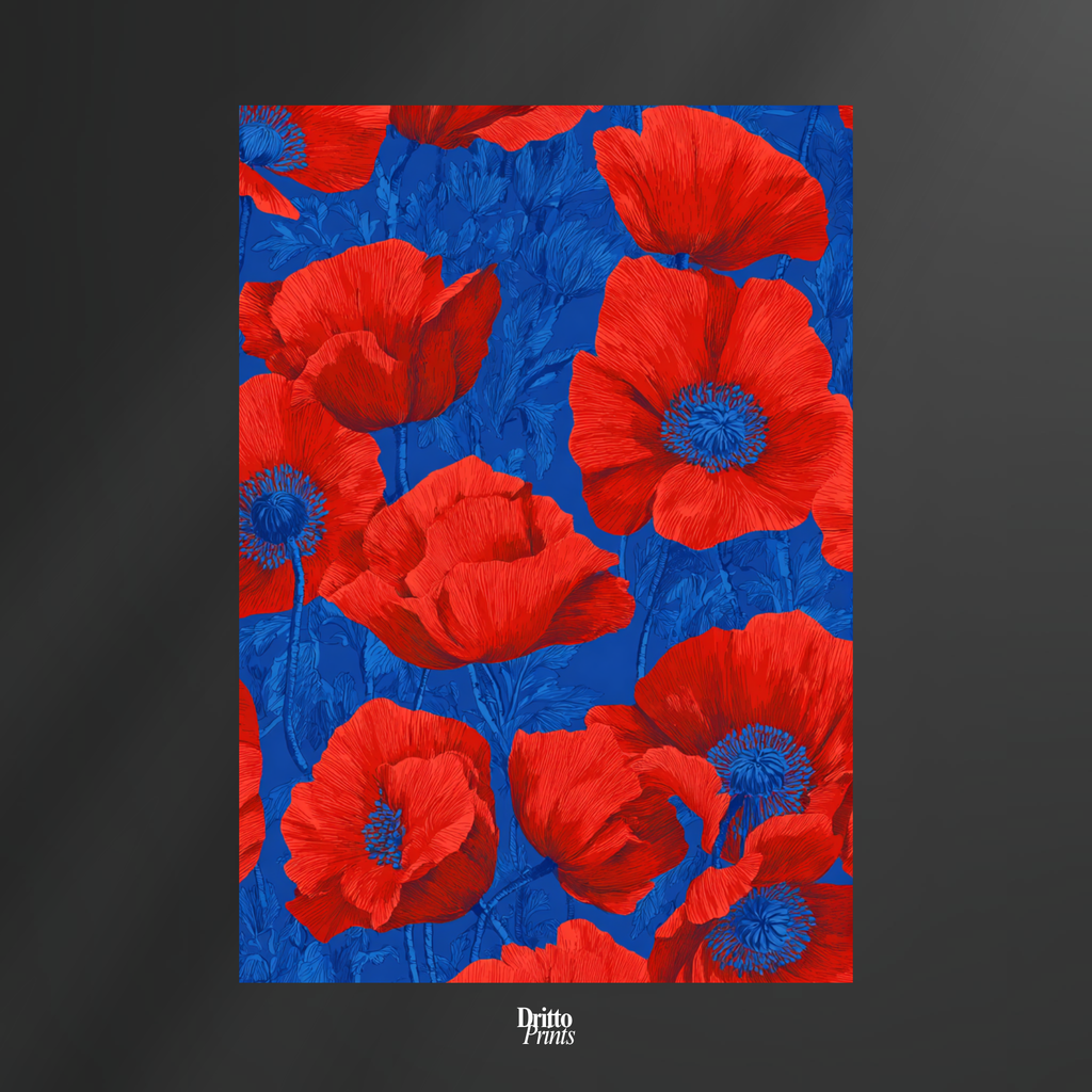 (CD9) Deco Bloom – Red Poppies on Blue Canvas