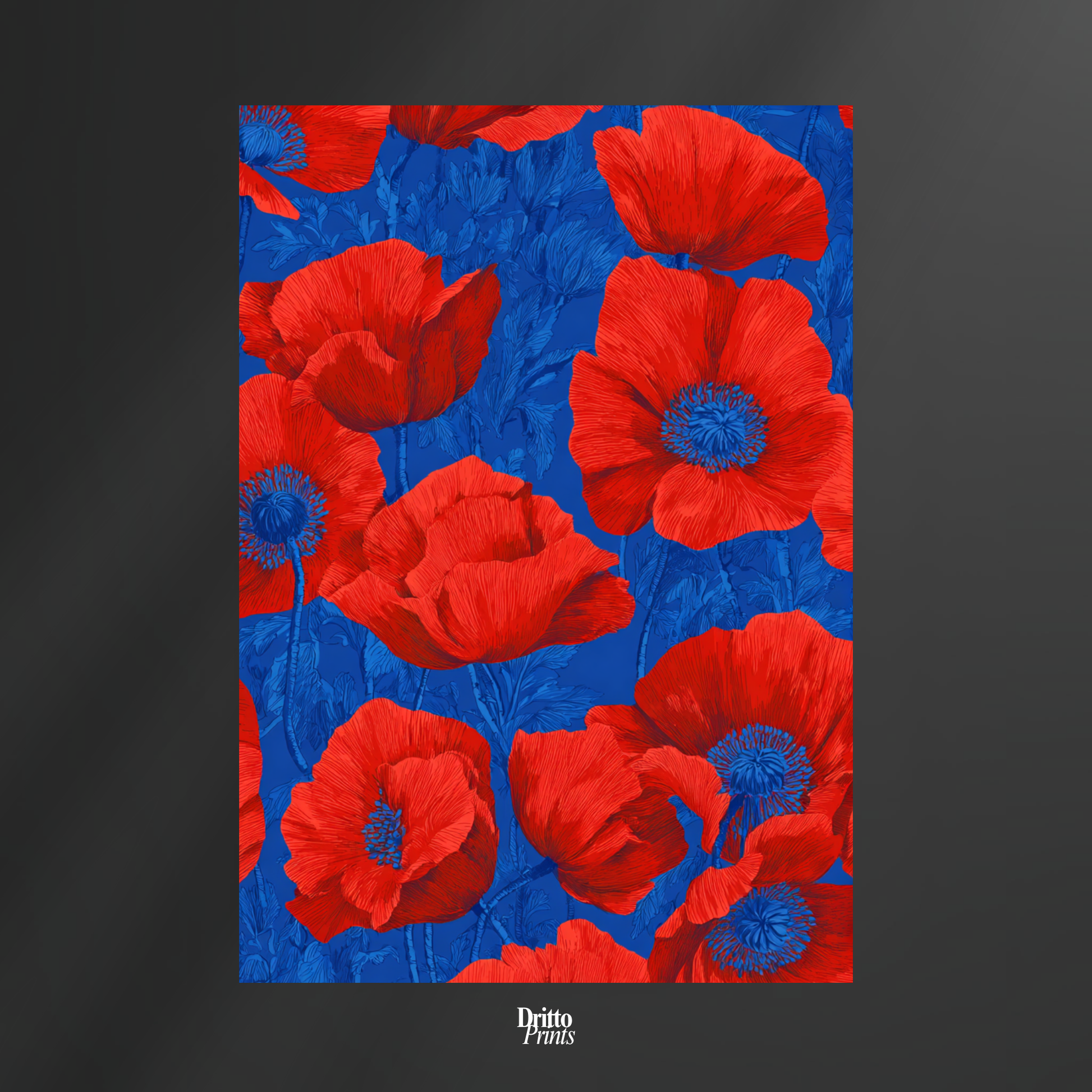 (CD9) Deco Bloom – Red Poppies on Blue Canvas