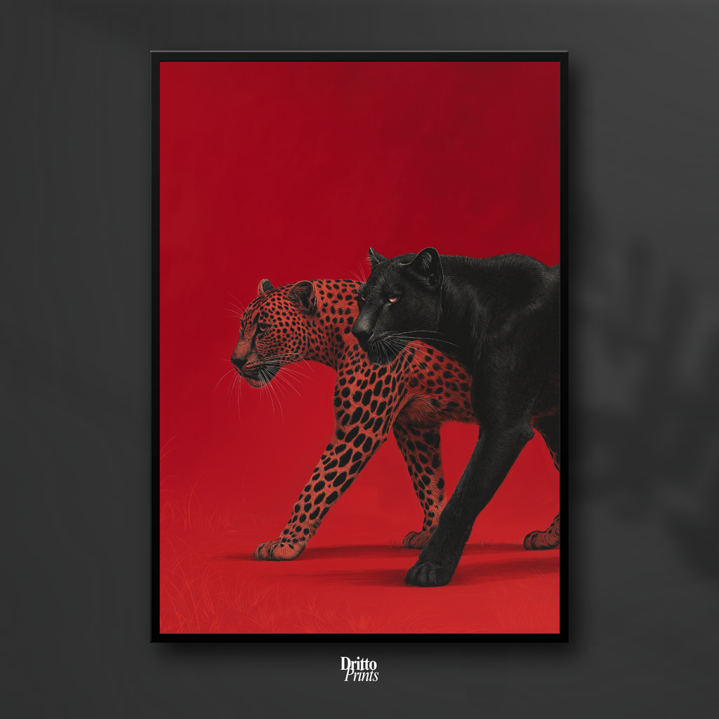 (FD32) Wild Pair – Black Panther & Cheetah Silhouette on Red Framed matte paper poster