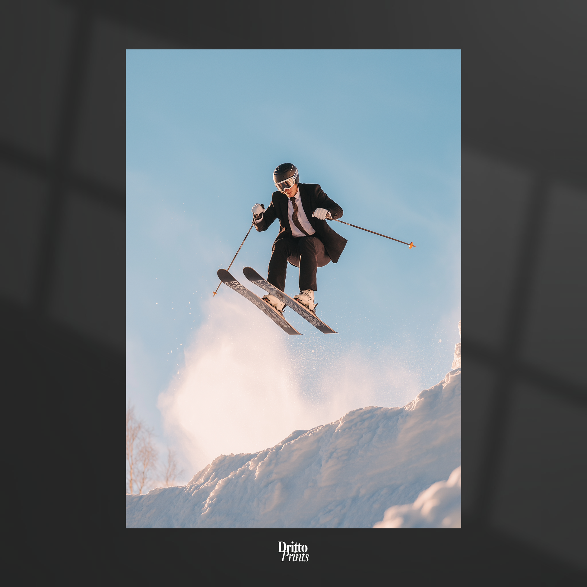 (PD27) Executive Takeoff – Skier in Suit Mid-Jump Poster