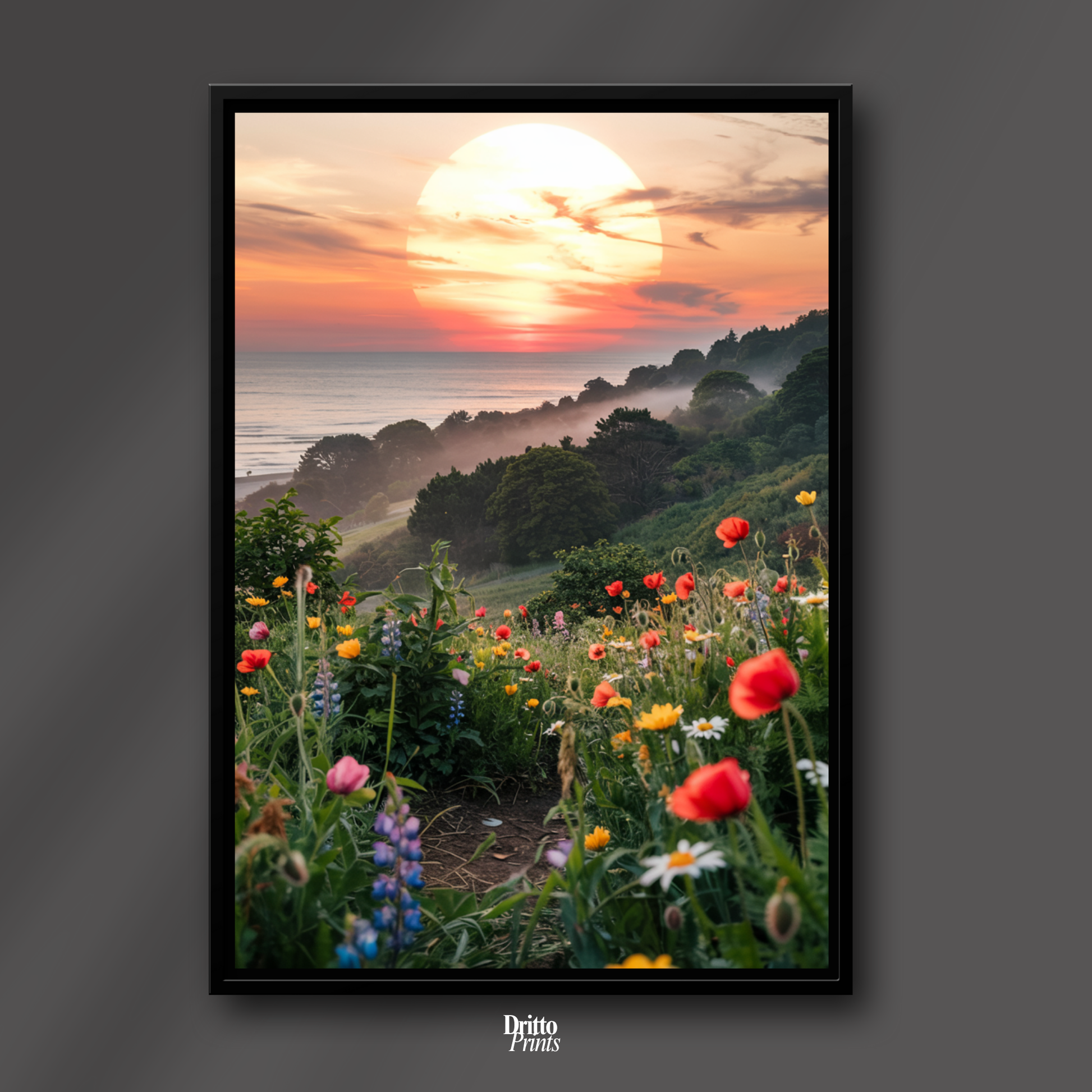 (CF5) Mystical Sunrise Over Hillside - Framed canvas