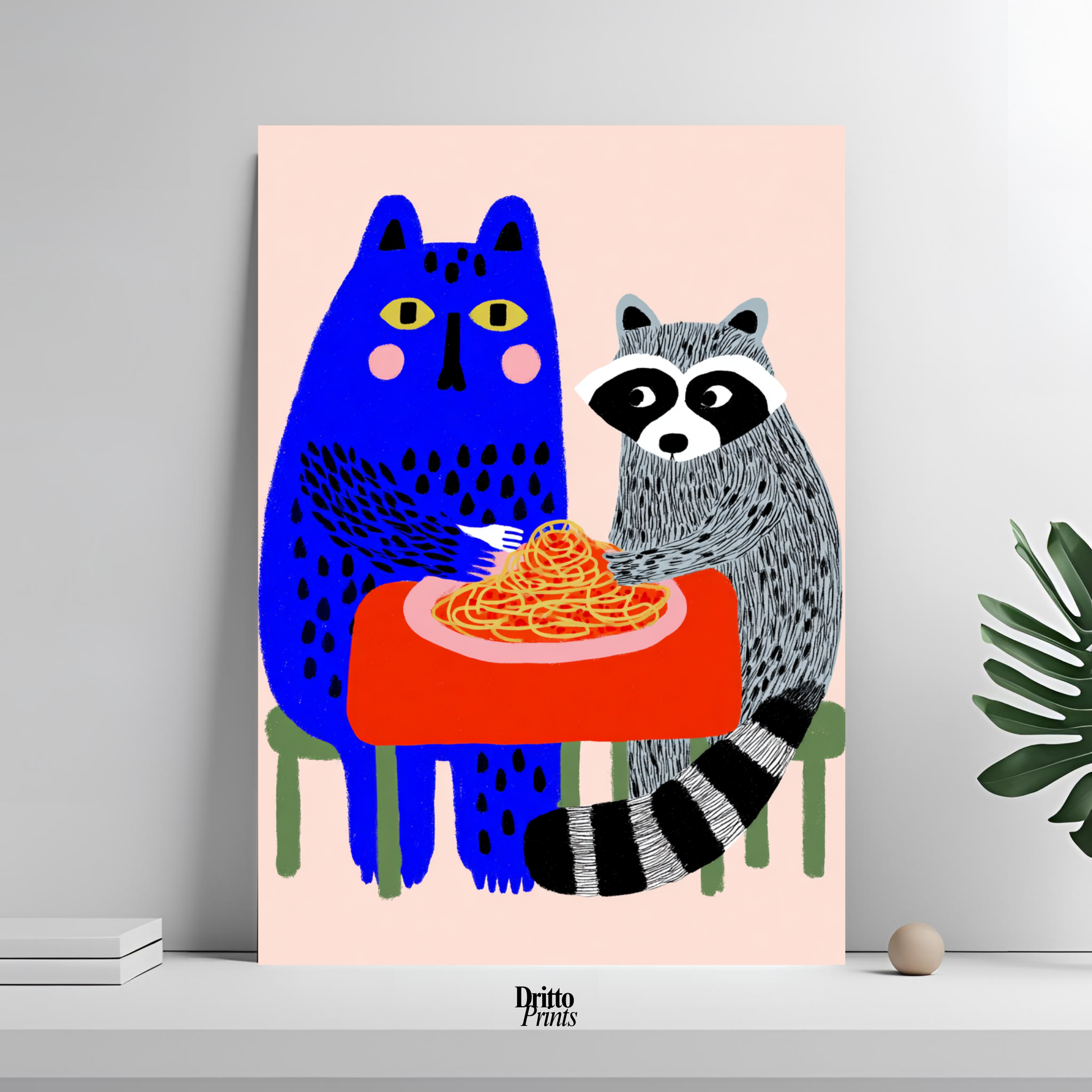 (PD44) Cat & Raccoon Dining Spaghetti - Poster