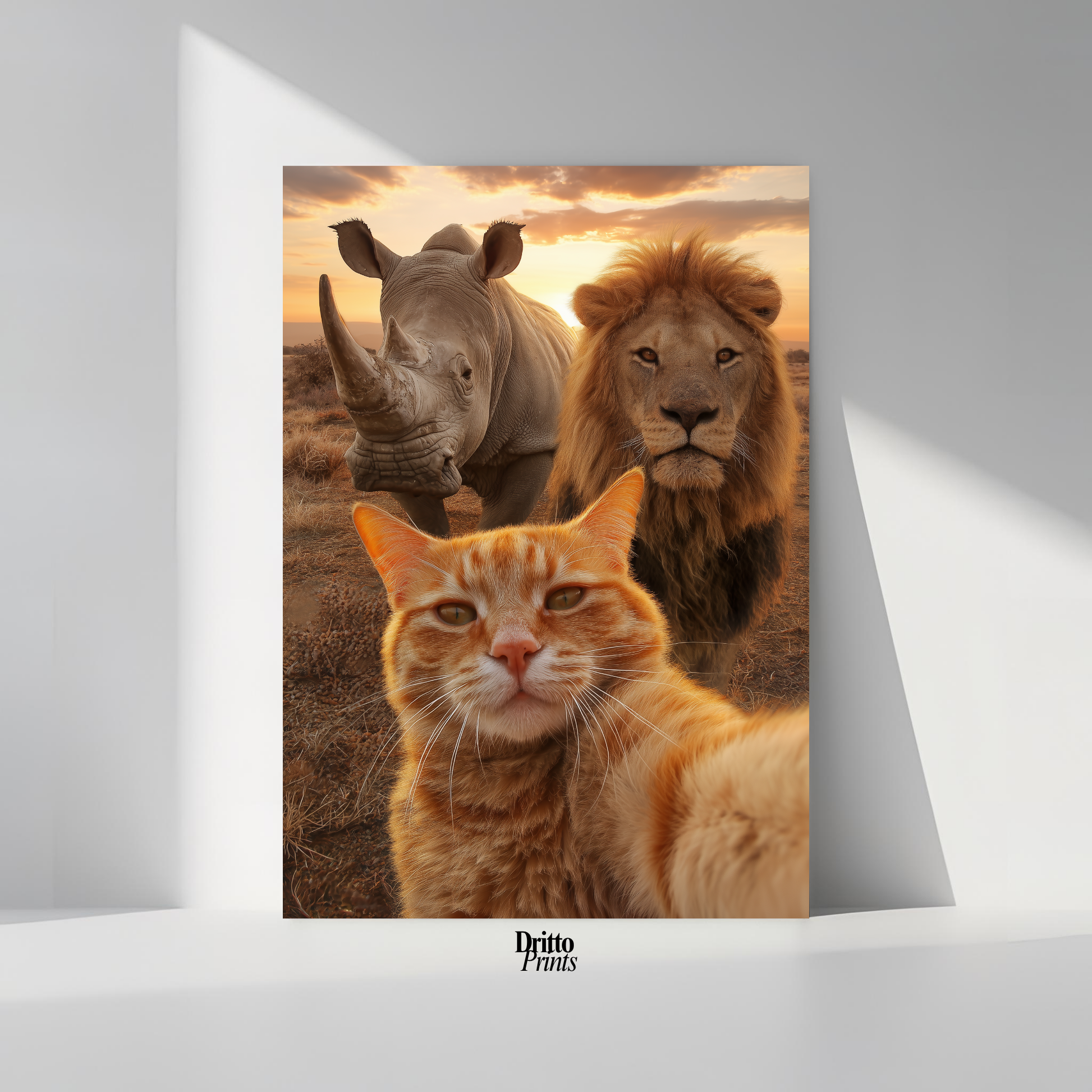 (PD26) Savannah Selfie: Tabby Cat, Lion & Rhino at Sunset Poster