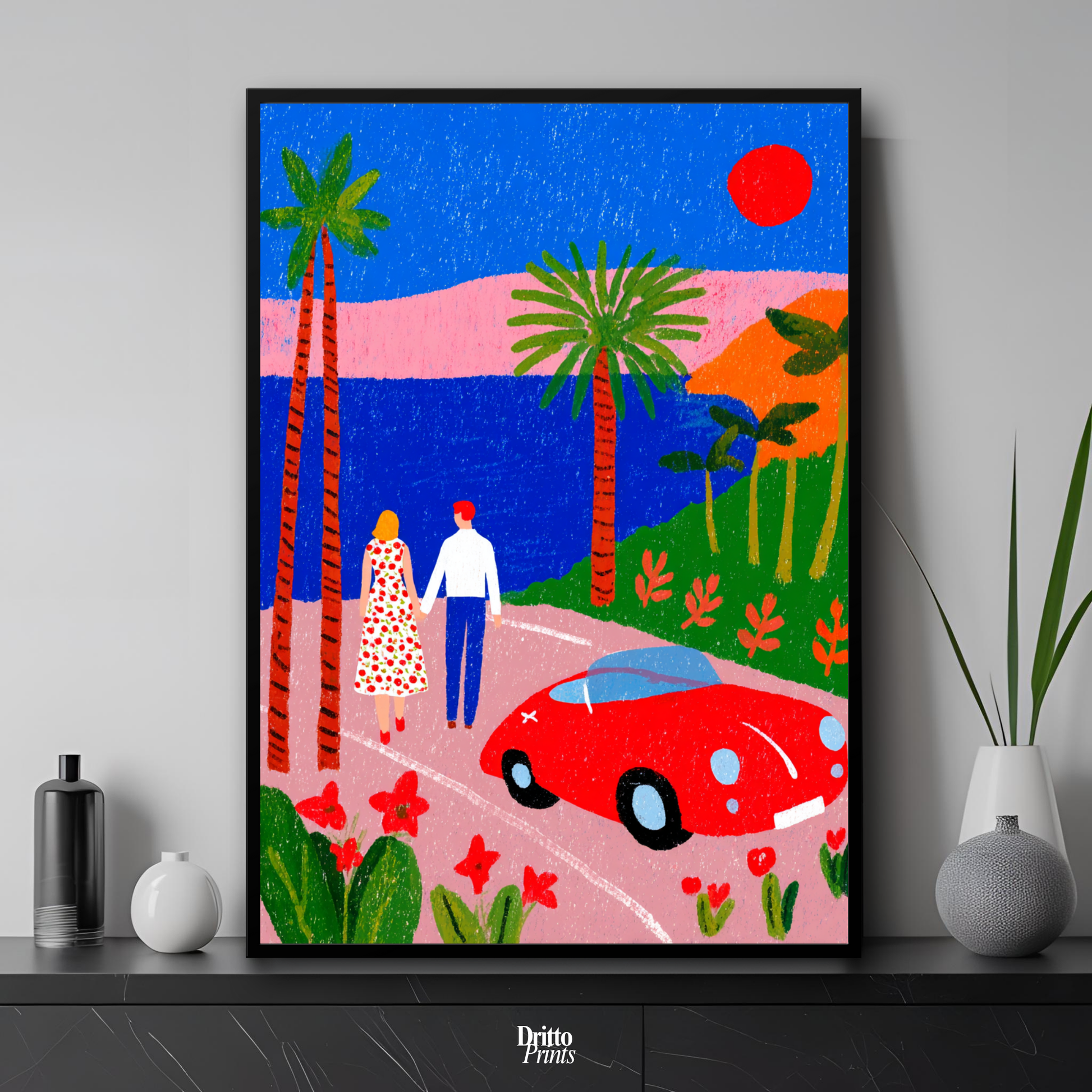 (FD40) Morning Stroll by the Porsche – 1980s California Framed matte paper poster