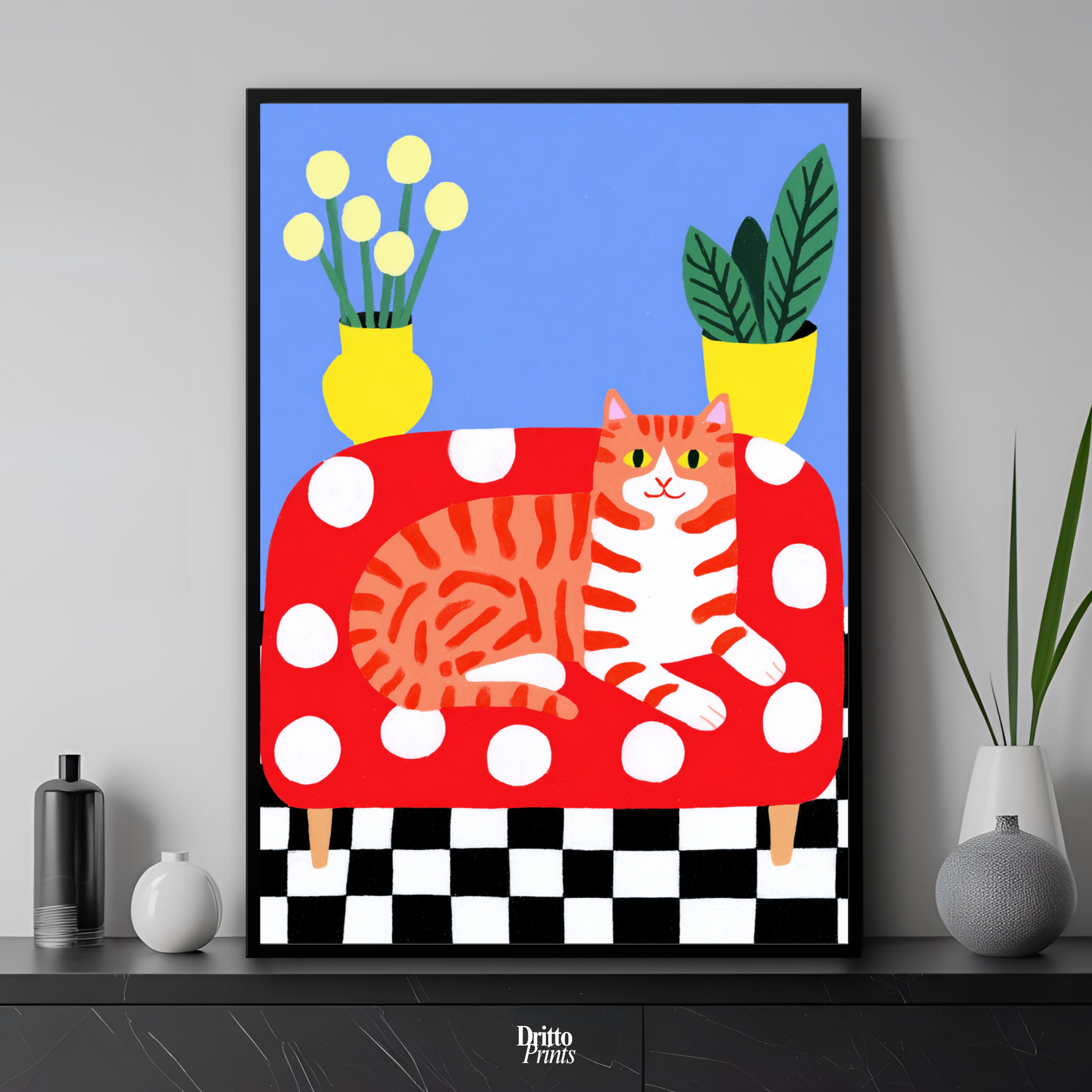 (FD38) Goofy Orange Cat Wrecks the Couch – Framed matte paper poster