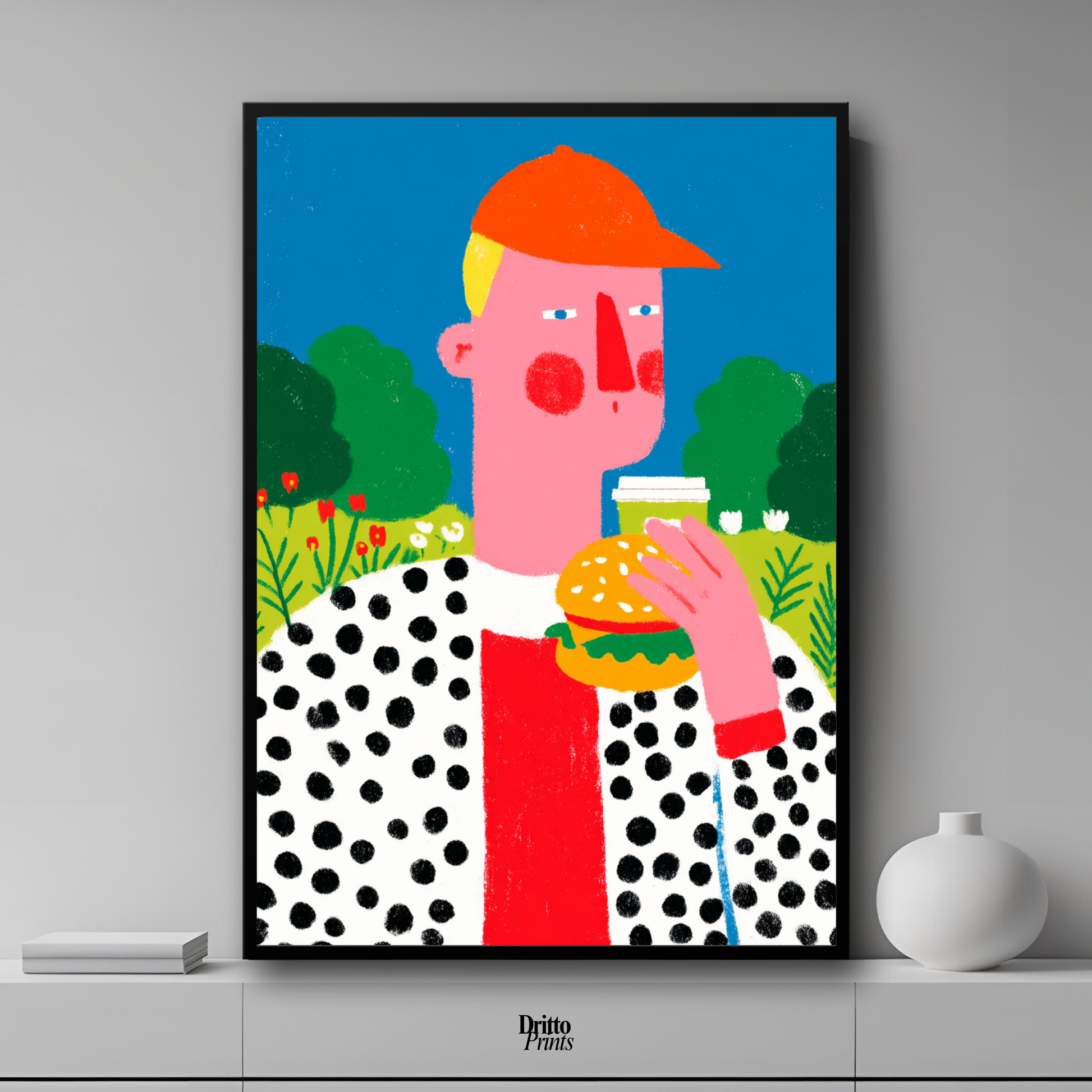 (FD45) Man Eating Burger in the Field –Framed matte paper poster