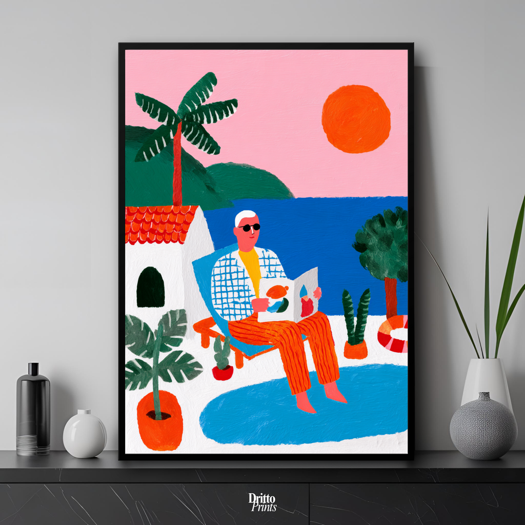 (FD37) Morning Glow by the Pool – 1980s Villa Scene Framed matte paper poster