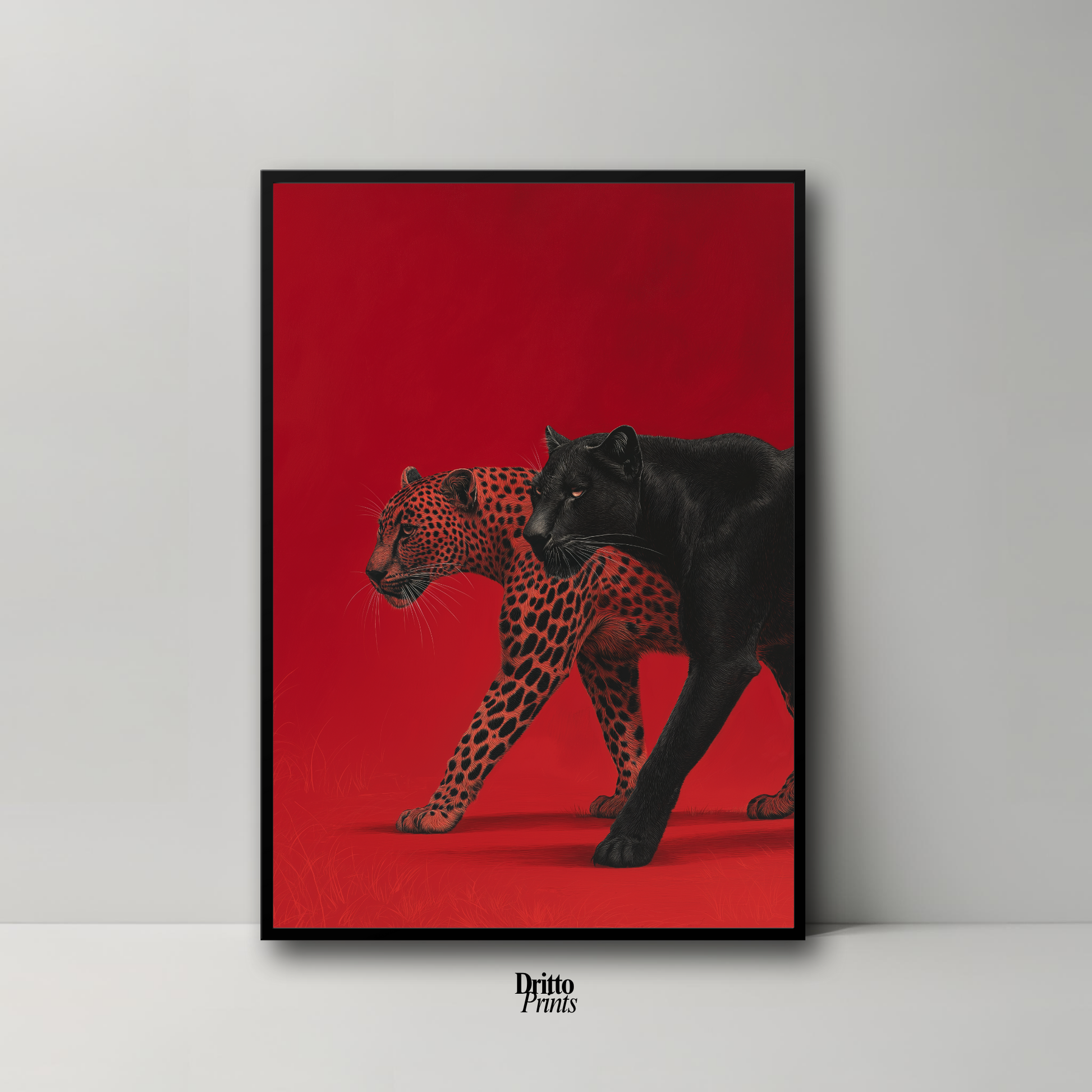 (FD32) Wild Pair – Black Panther & Cheetah Silhouette on Red Framed matte paper poster