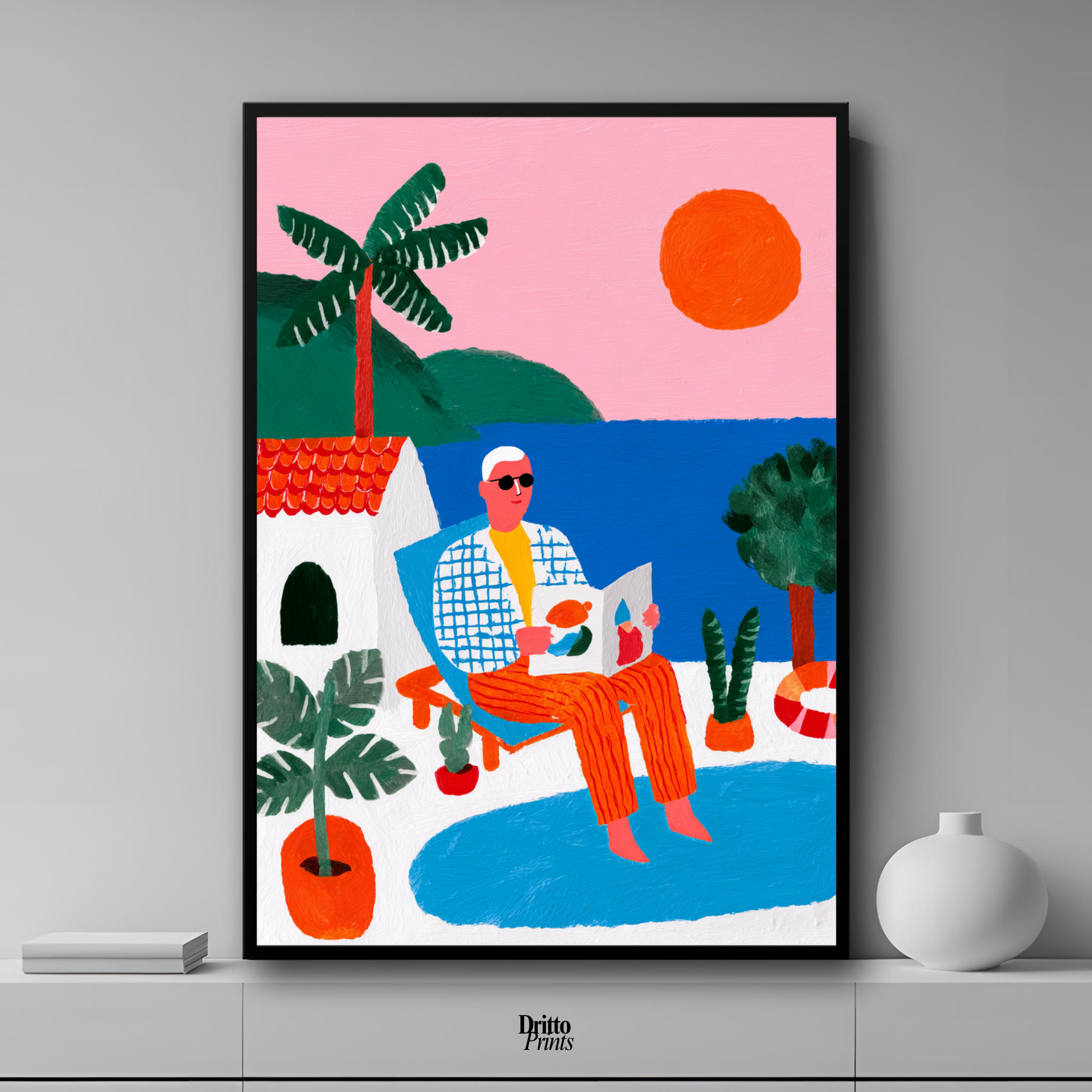 (FD37) Morning Glow by the Pool – 1980s Villa Scene Framed matte paper poster