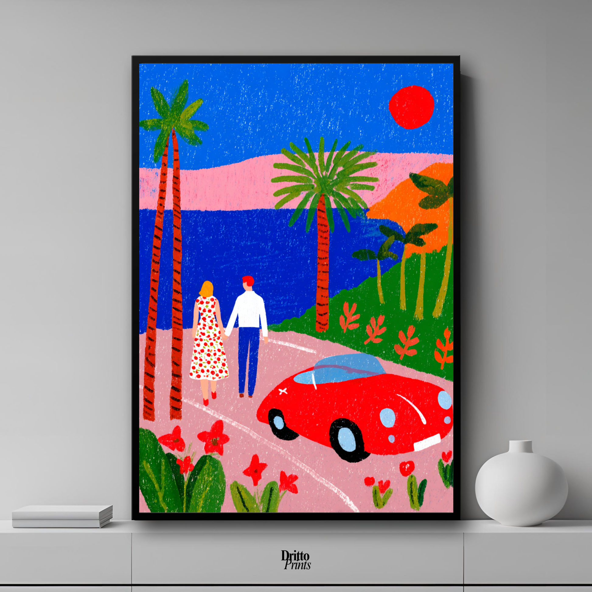 (FD40) Morning Stroll by the Porsche – 1980s California Framed matte paper poster