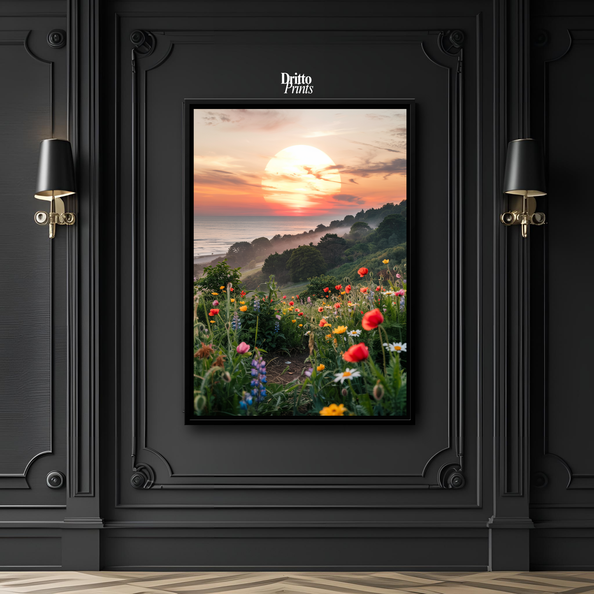 (CF5) Mystical Sunrise Over Hillside - Framed canvas