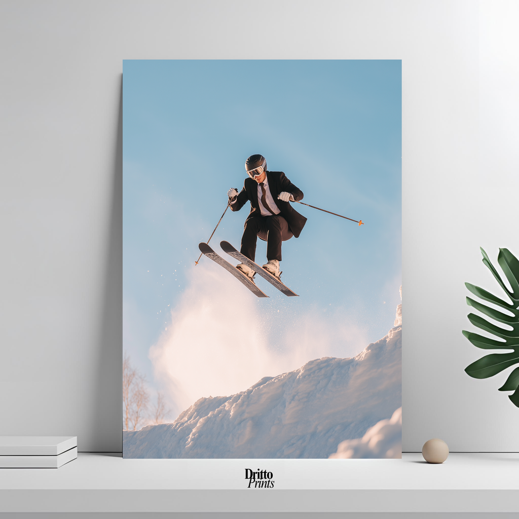 (PD27) Executive Takeoff – Skier in Suit Mid-Jump Poster
