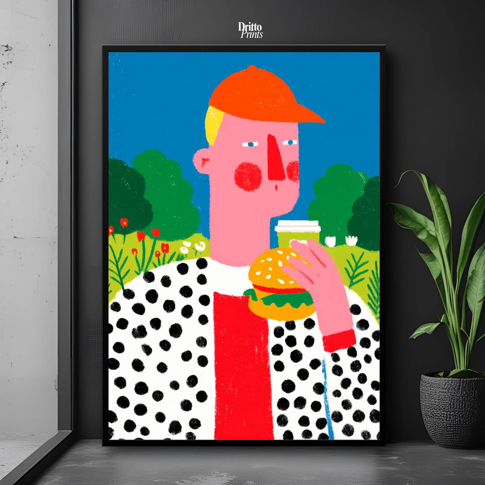 (FD45) Man Eating Burger in the Field –Framed matte paper poster