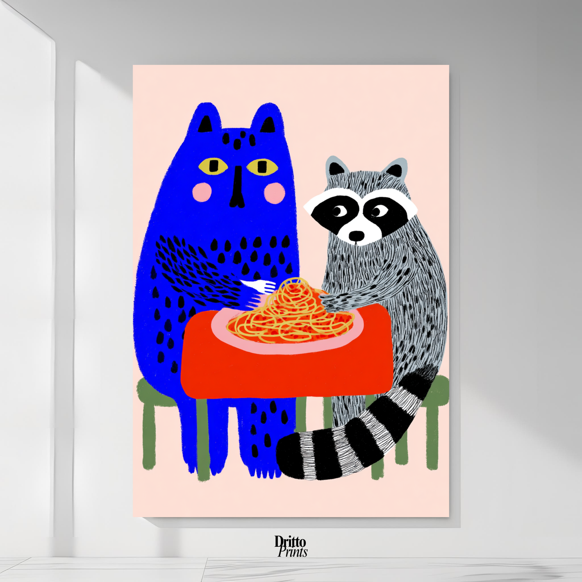 (PD44) Cat & Raccoon Dining Spaghetti - Poster